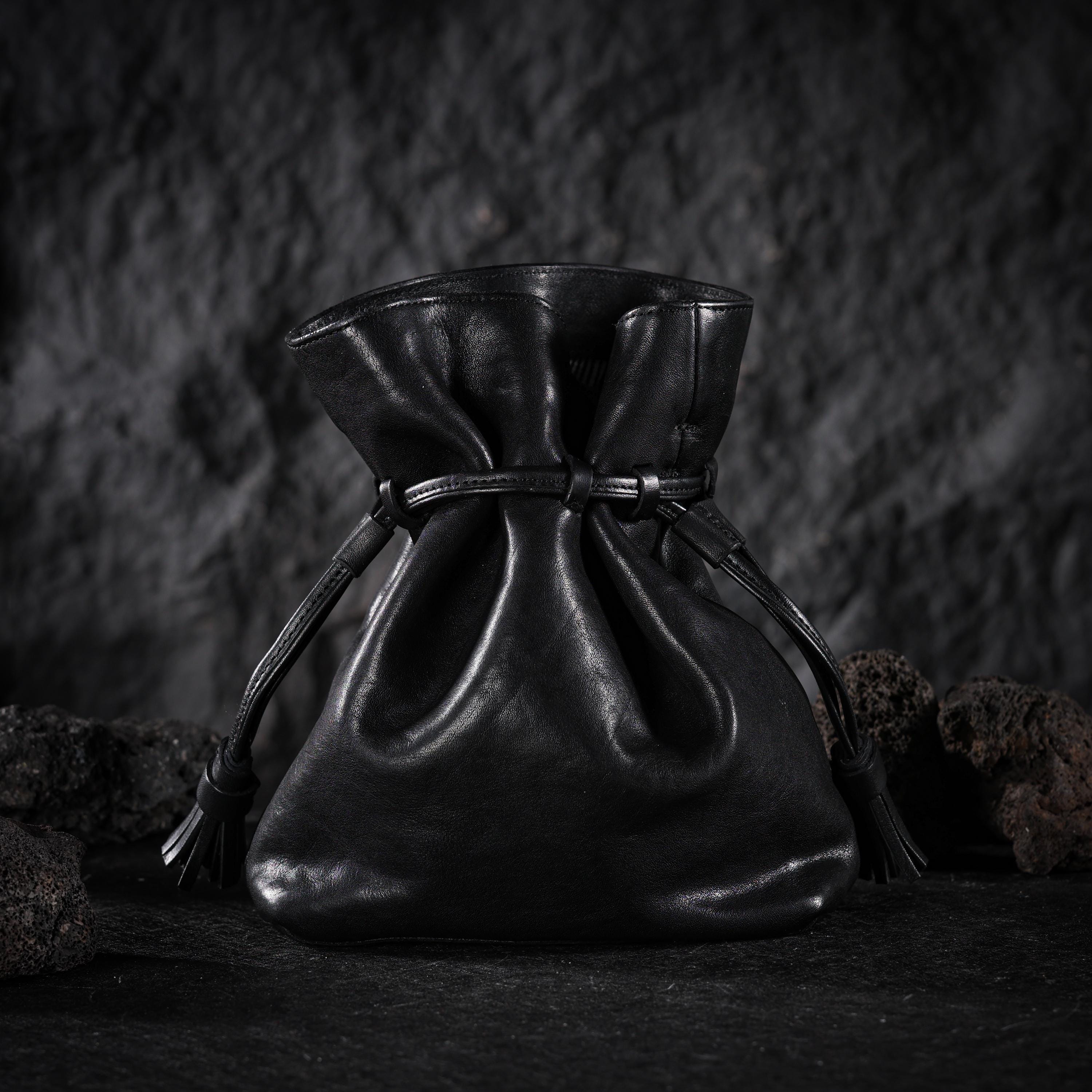 AURA DEER Leather Drawstring Pouch Veg-Tanned Cowhide Bag Minimalist Travel Pouch