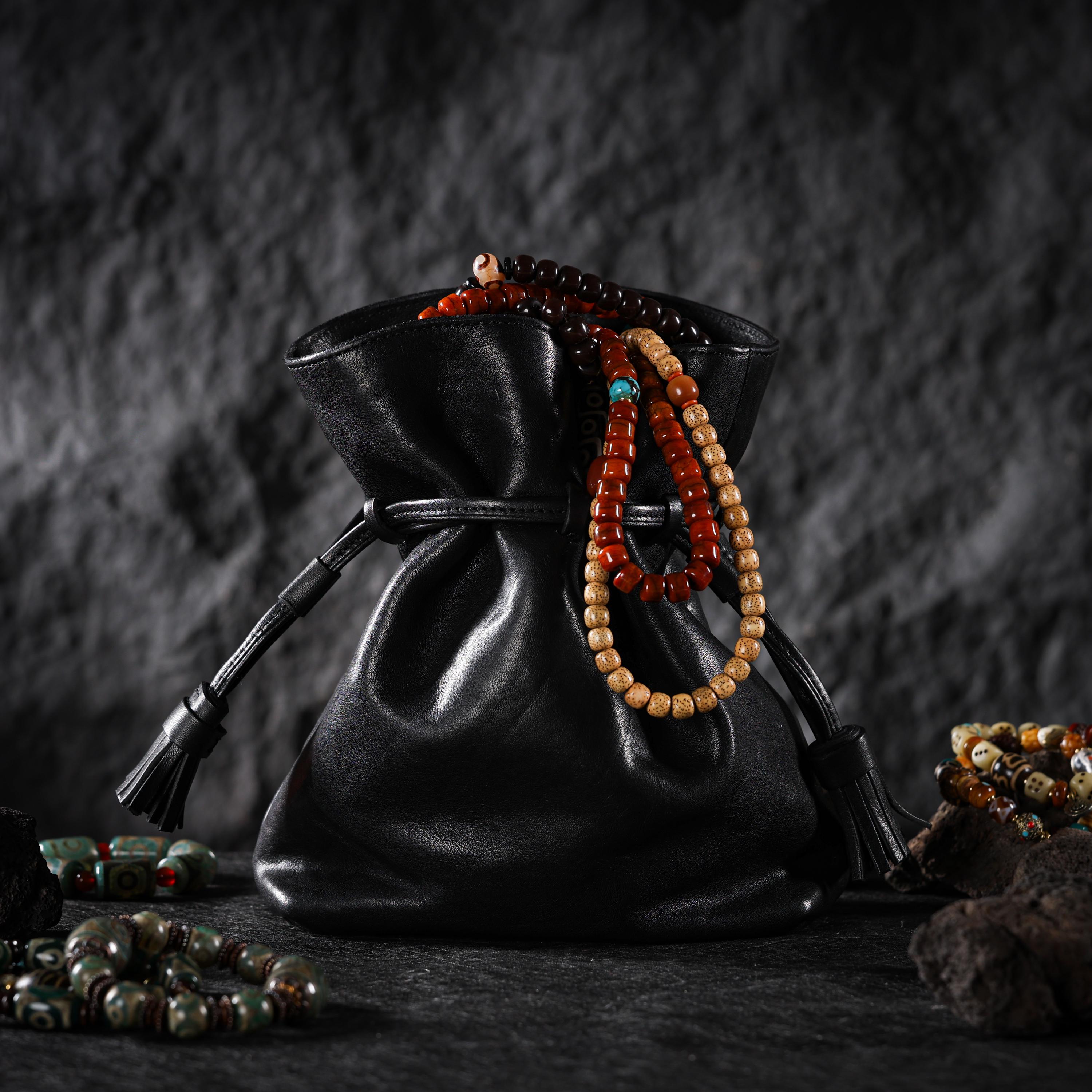 AURA DEER Leather Drawstring Pouch Veg-Tanned Cowhide Bag Minimalist Travel Pouch