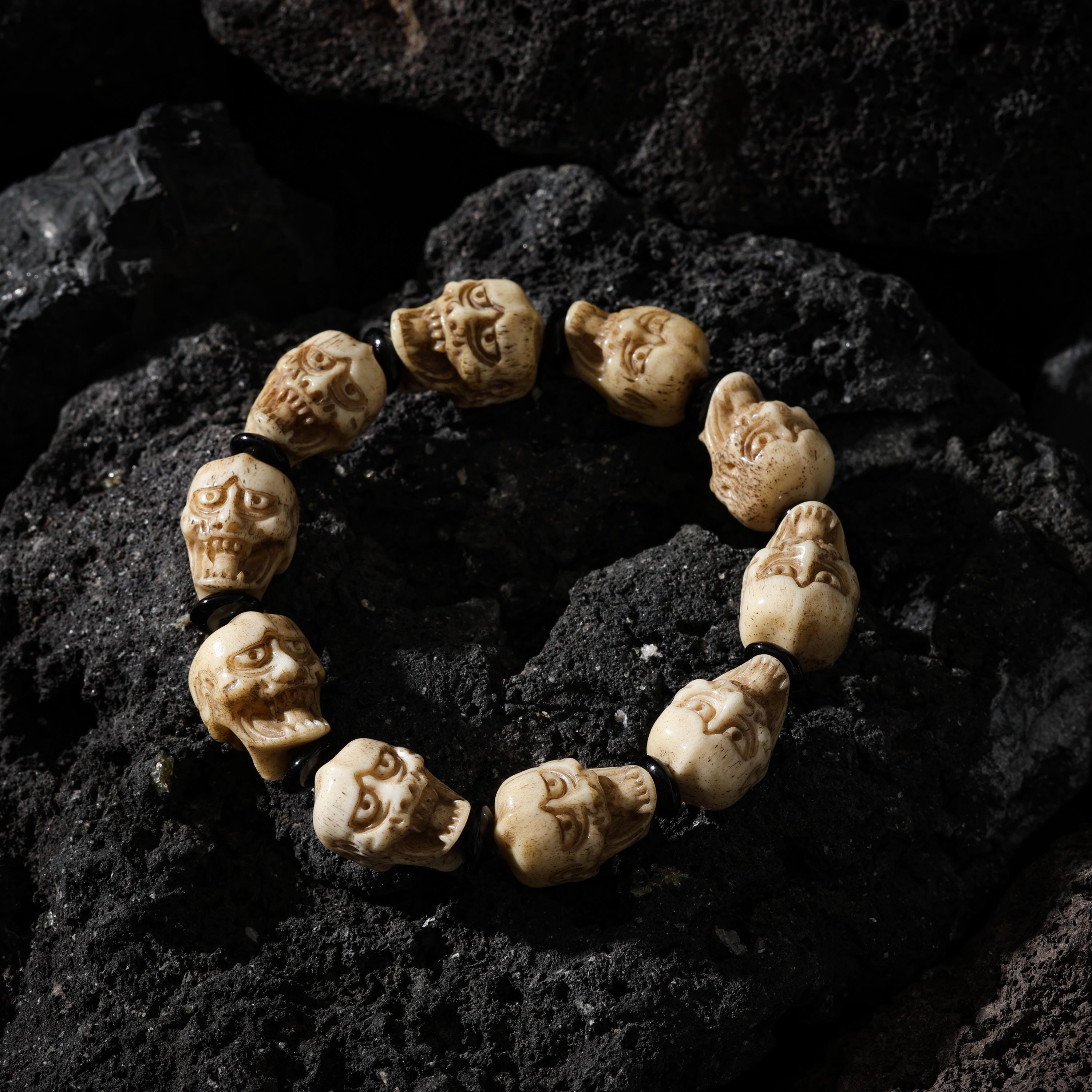 AURA DEER Yak Bone Double-Sided Skull Amulet Bracelet Protection Amulet