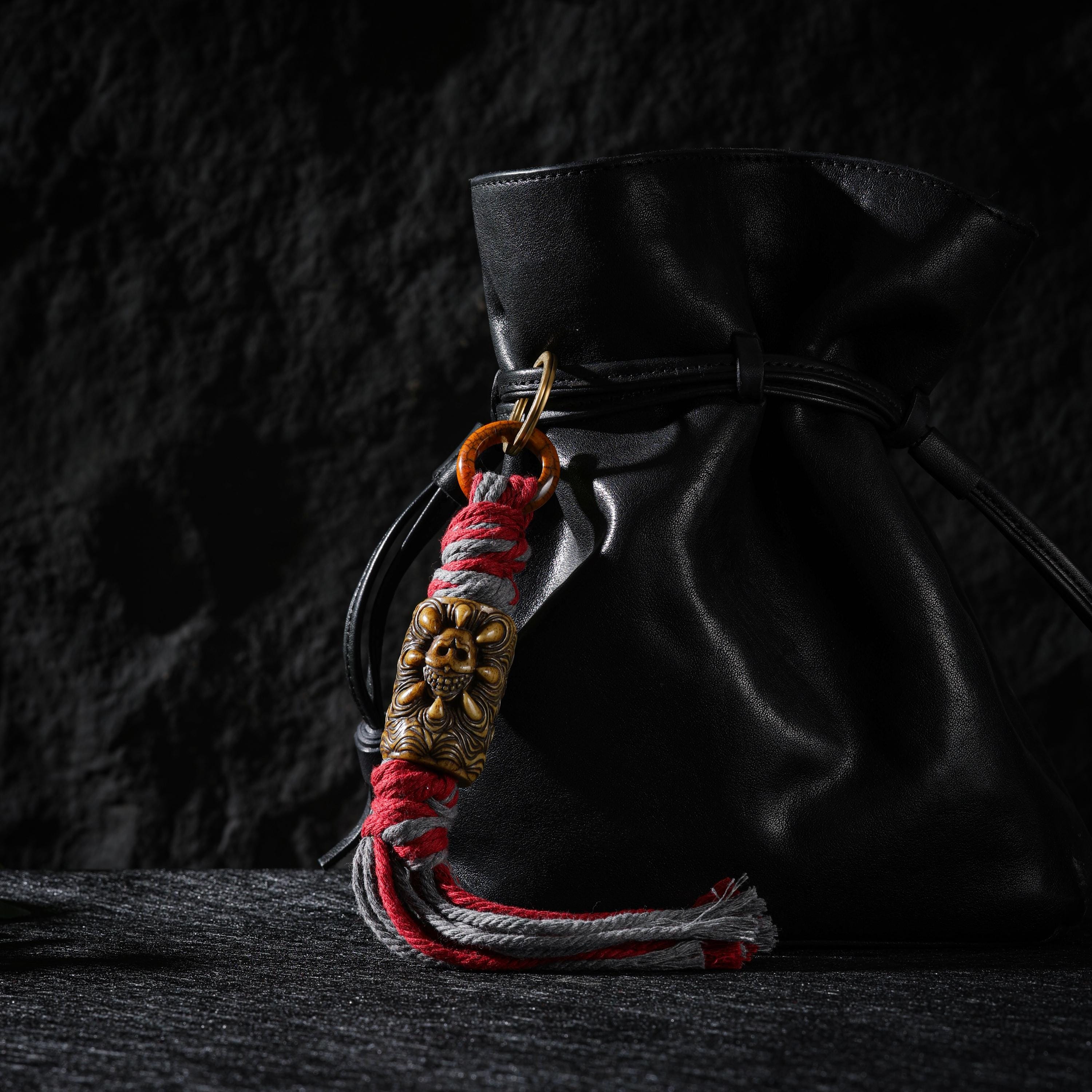 AURA DEER Tibetan Carved Yak Bone Skull Talisman Bag Charm Keychain