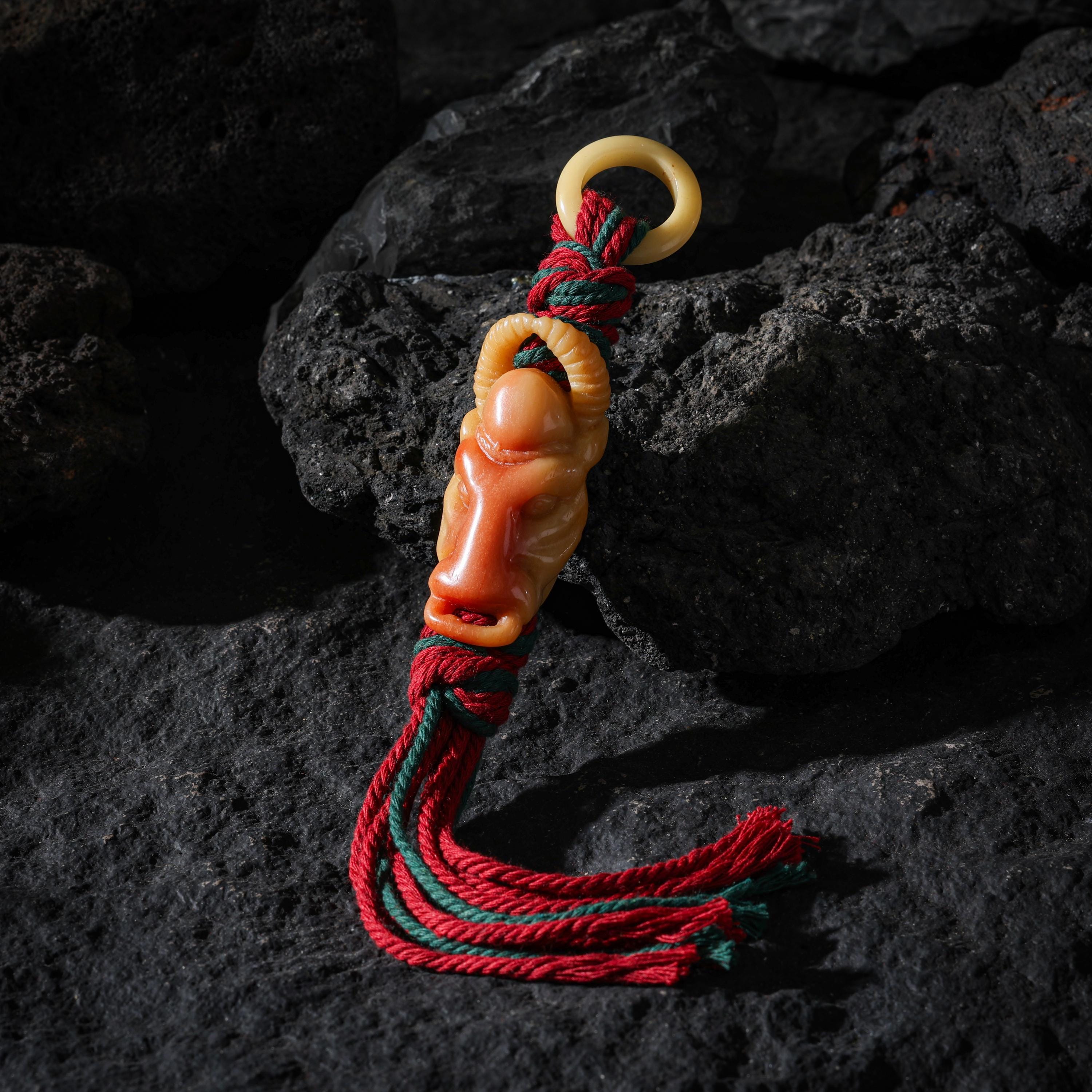 AURA DEER Tibetan Carved Yak Bone Talisman Bag Charm Keychain