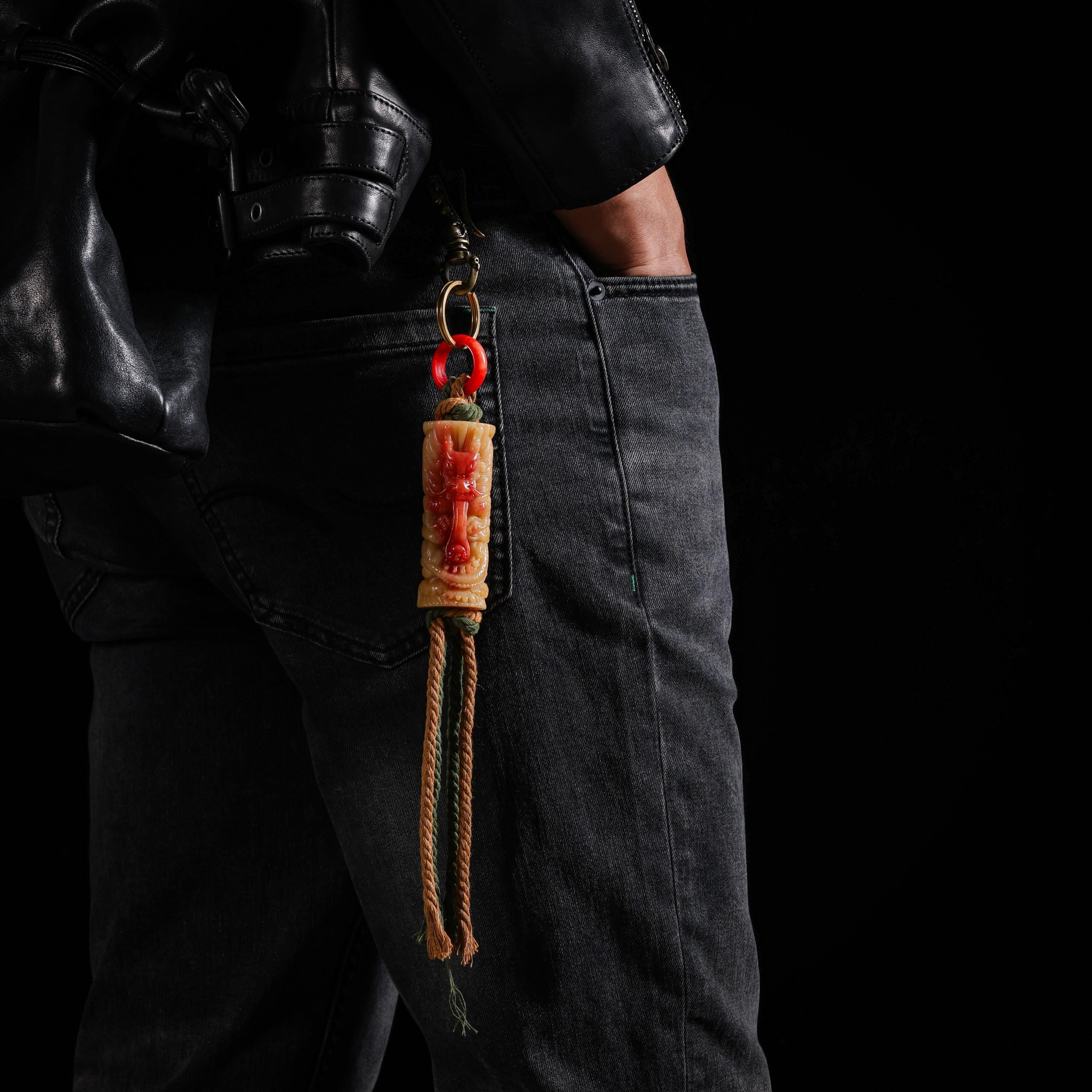 AURA DEER Tibetan Dragon Bone Talisman Bag Charm Keychain
