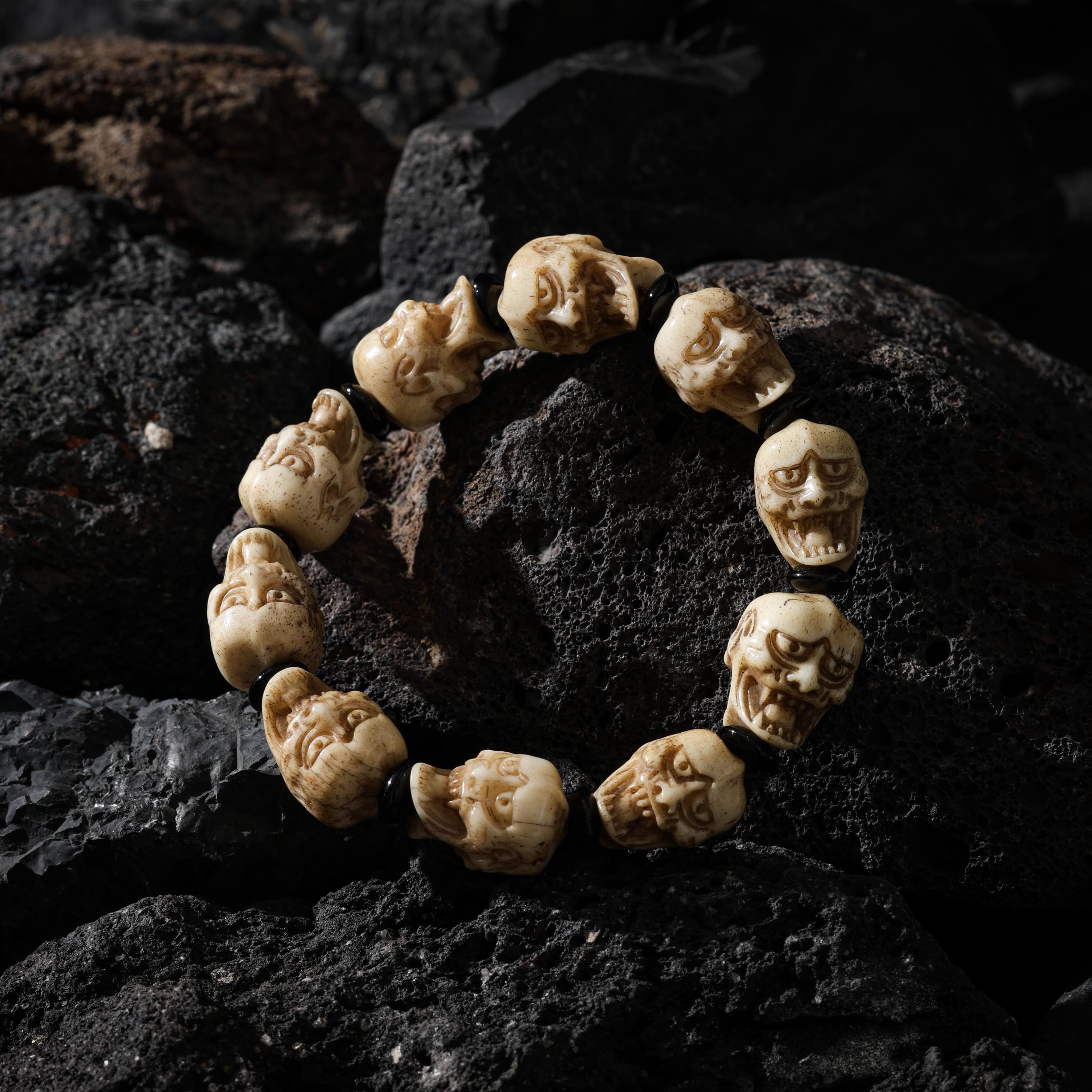AURA DEER Yak Bone Double-Sided Skull Amulet Bracelet Protection Amulet
