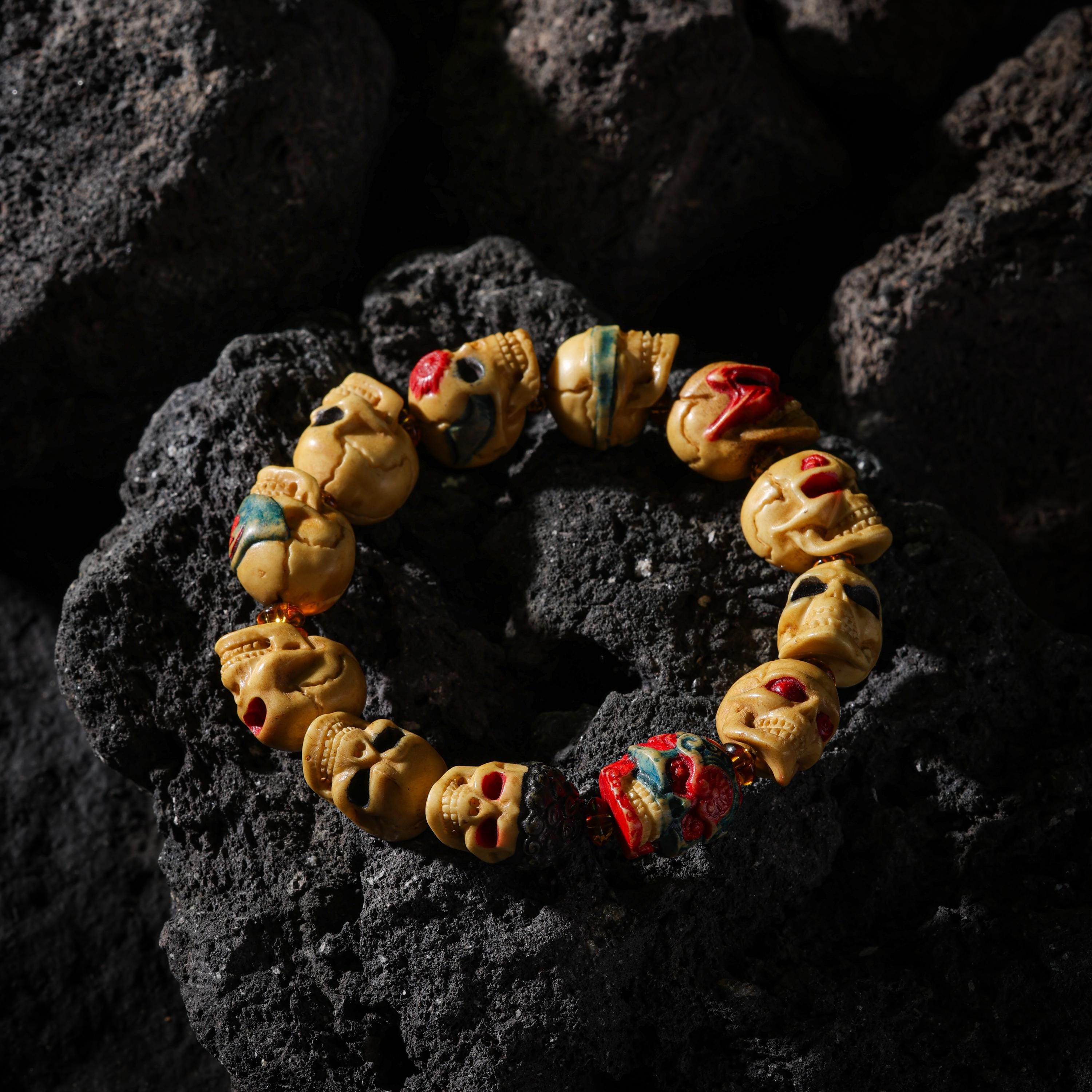 AURA DEER Skull Yak Bone Bracelet Hand-Carved 12 Unique Beads