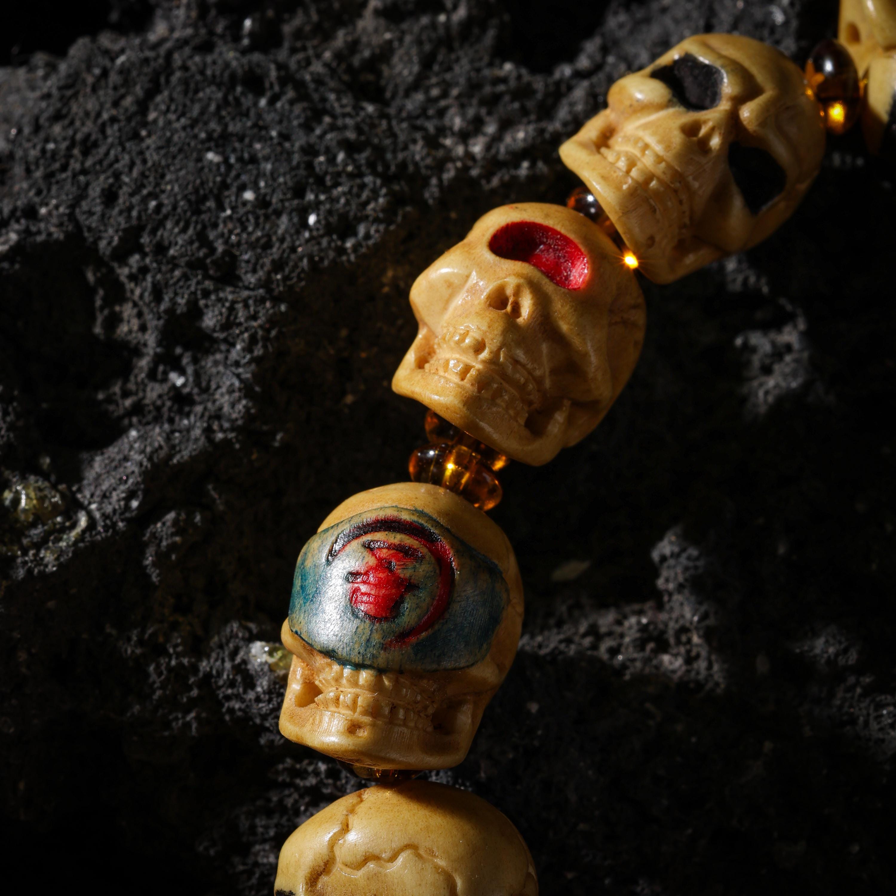 AURA DEER Skull Yak Bone Bracelet Hand-Carved 12 Unique Beads