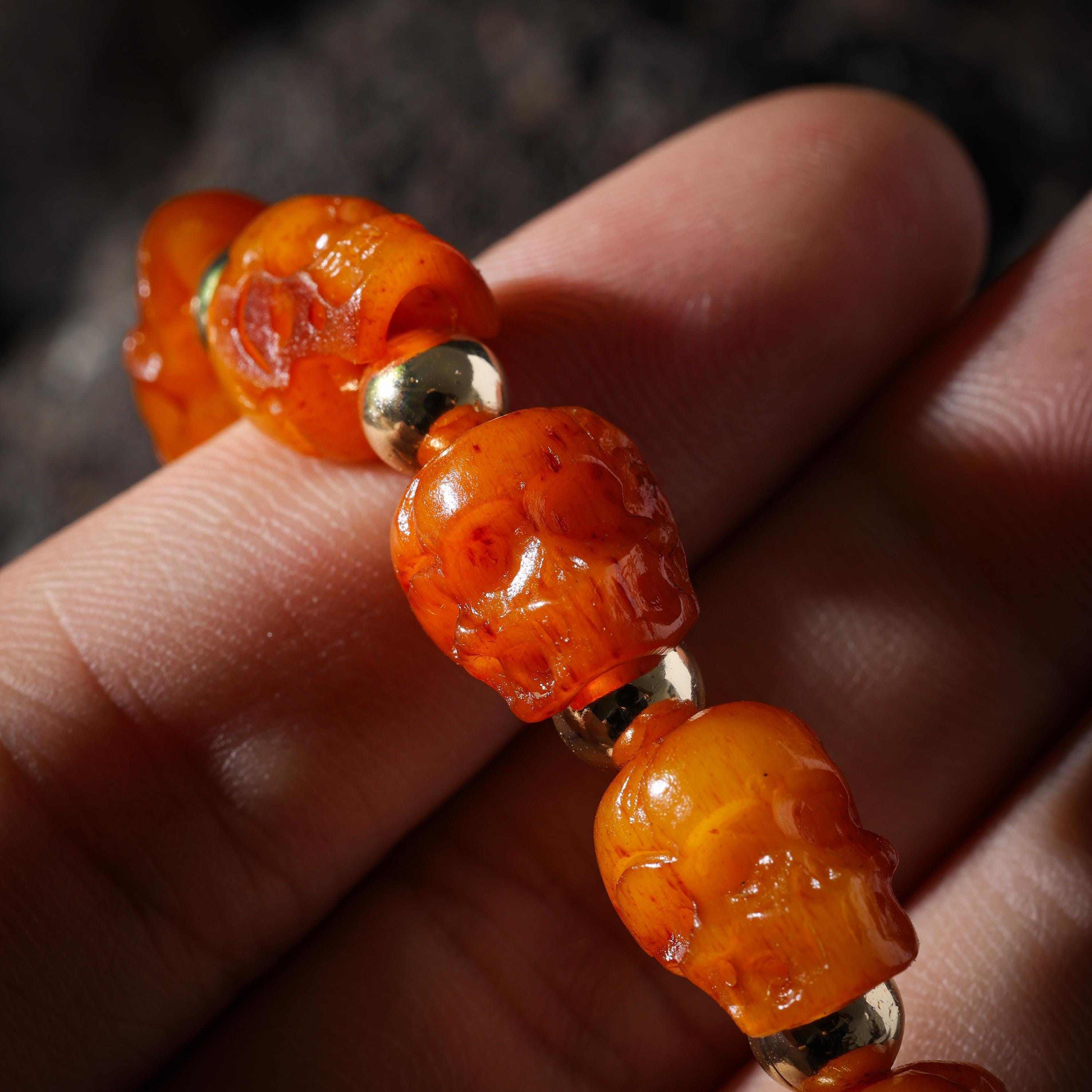 AURA DEER Bone Skull Bracelet Hand-Carved 15 Beads with Brass Spacers