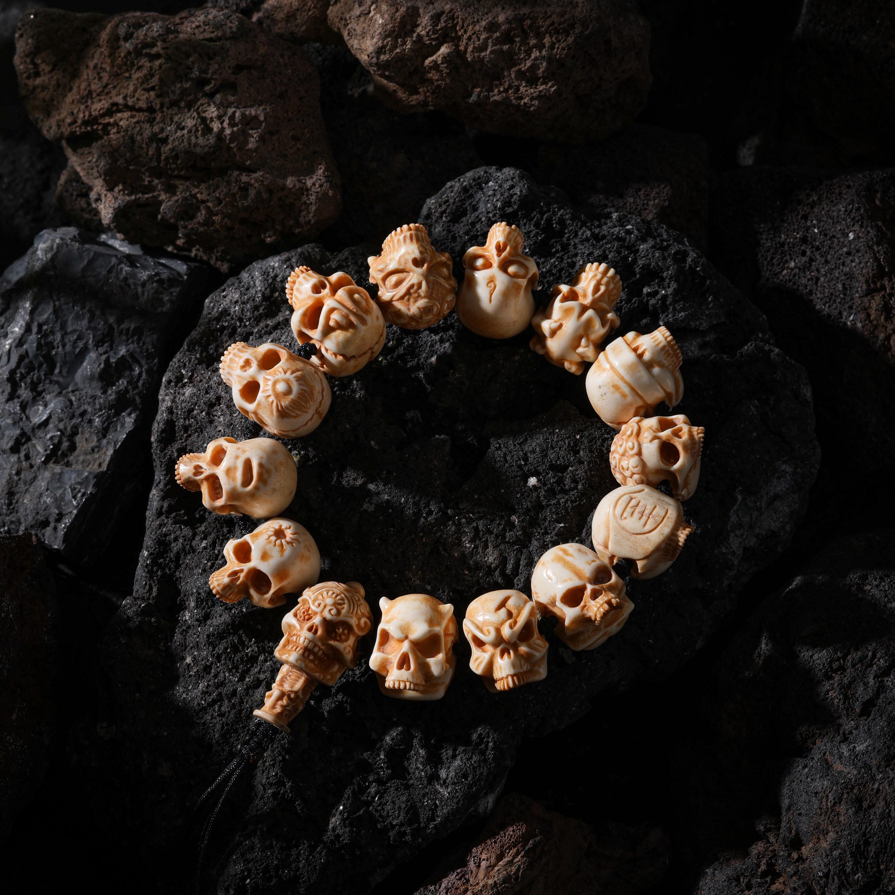 AURA DEER Skull Bracelet Hand-Carved Yak Bone Beads Tibetan Talisman