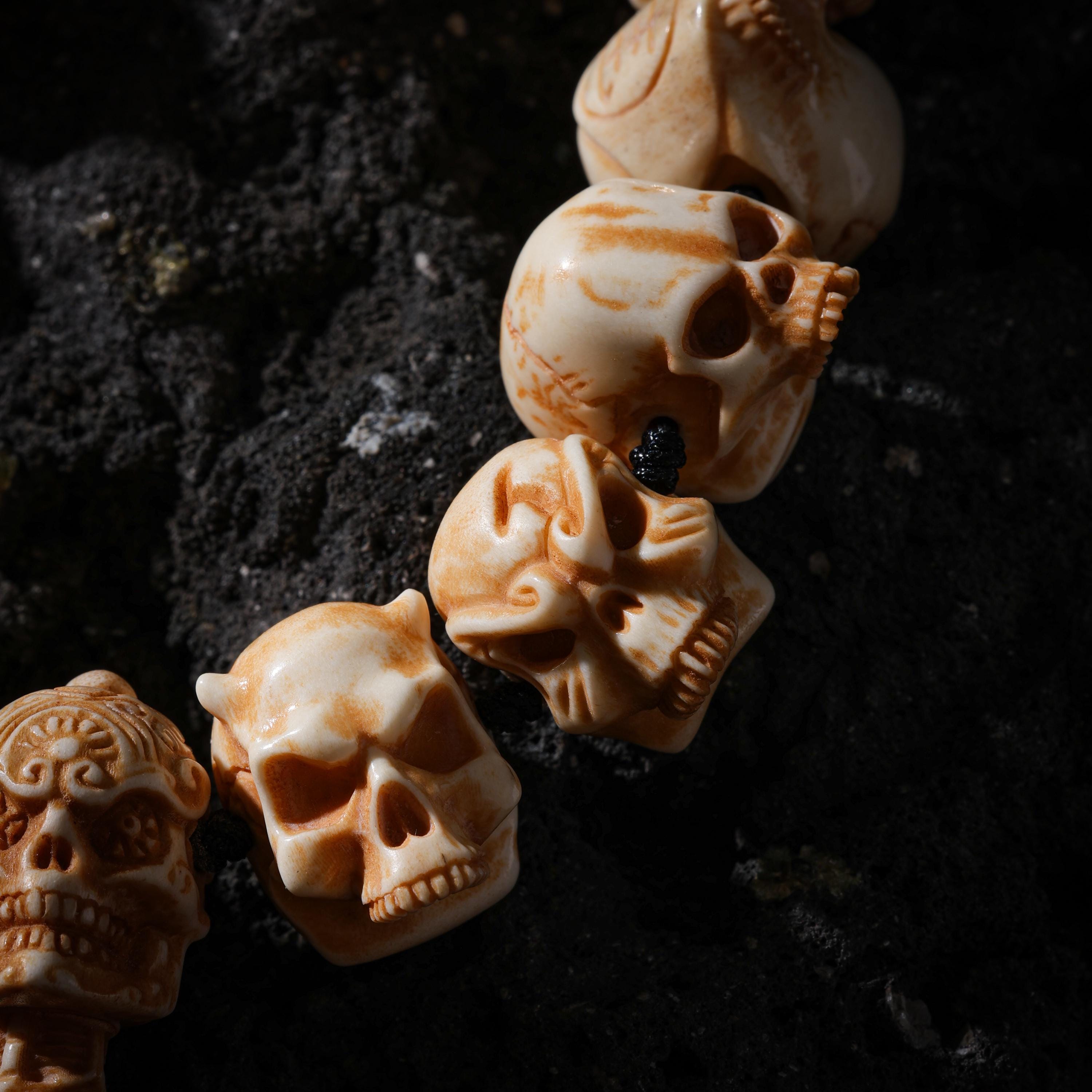 AURA DEER Skull Bracelet Hand-Carved Yak Bone Beads Tibetan Talisman
