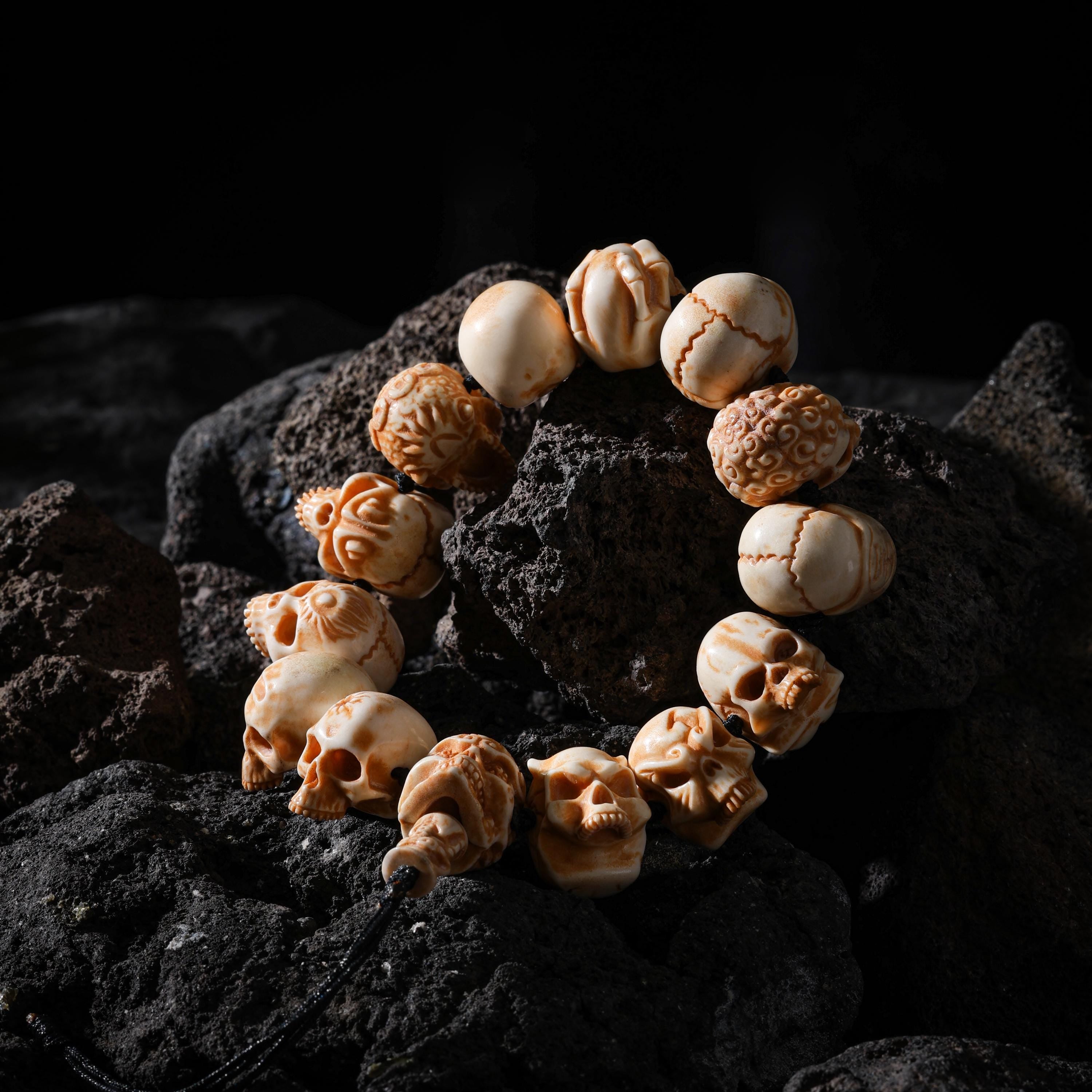 AURA DEER Skull Bracelet Hand-Carved Yak Bone Beads Tibetan Talisman