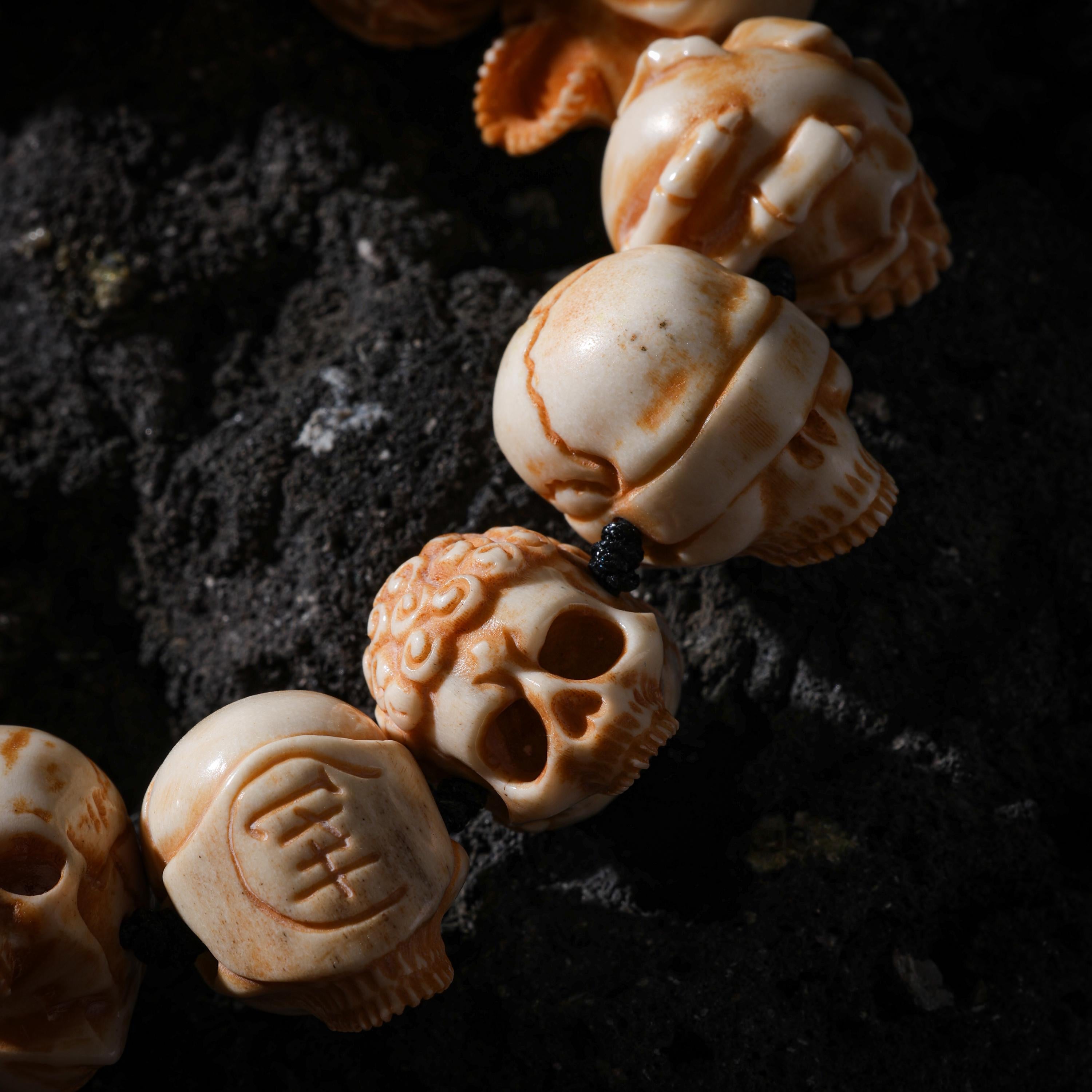 AURA DEER Skull Bracelet Hand-Carved Yak Bone Beads Tibetan Talisman