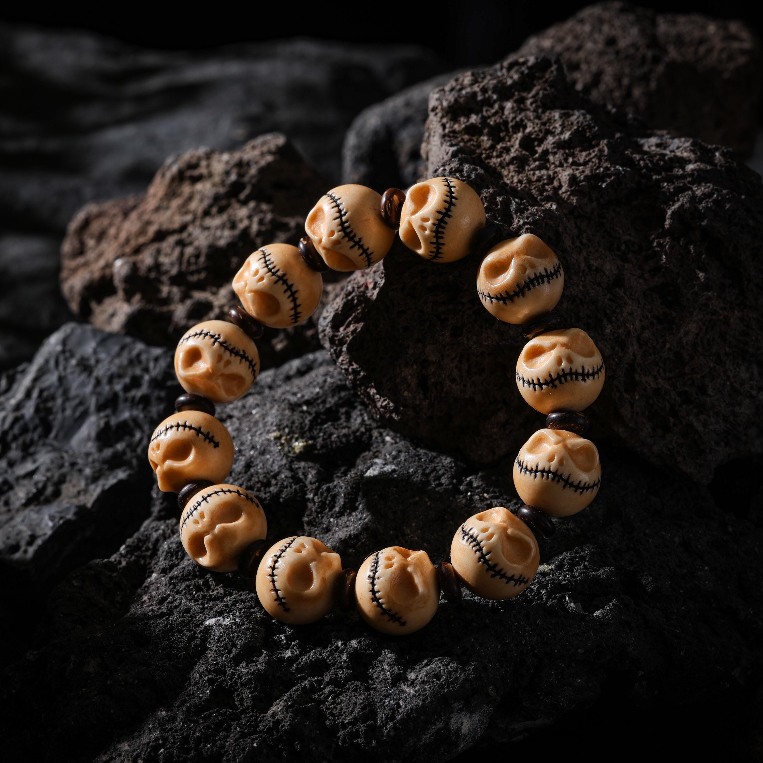 AURA DEER Skull Bracelet Hand-Carved Yak Bone Beads Tibetan Talisman