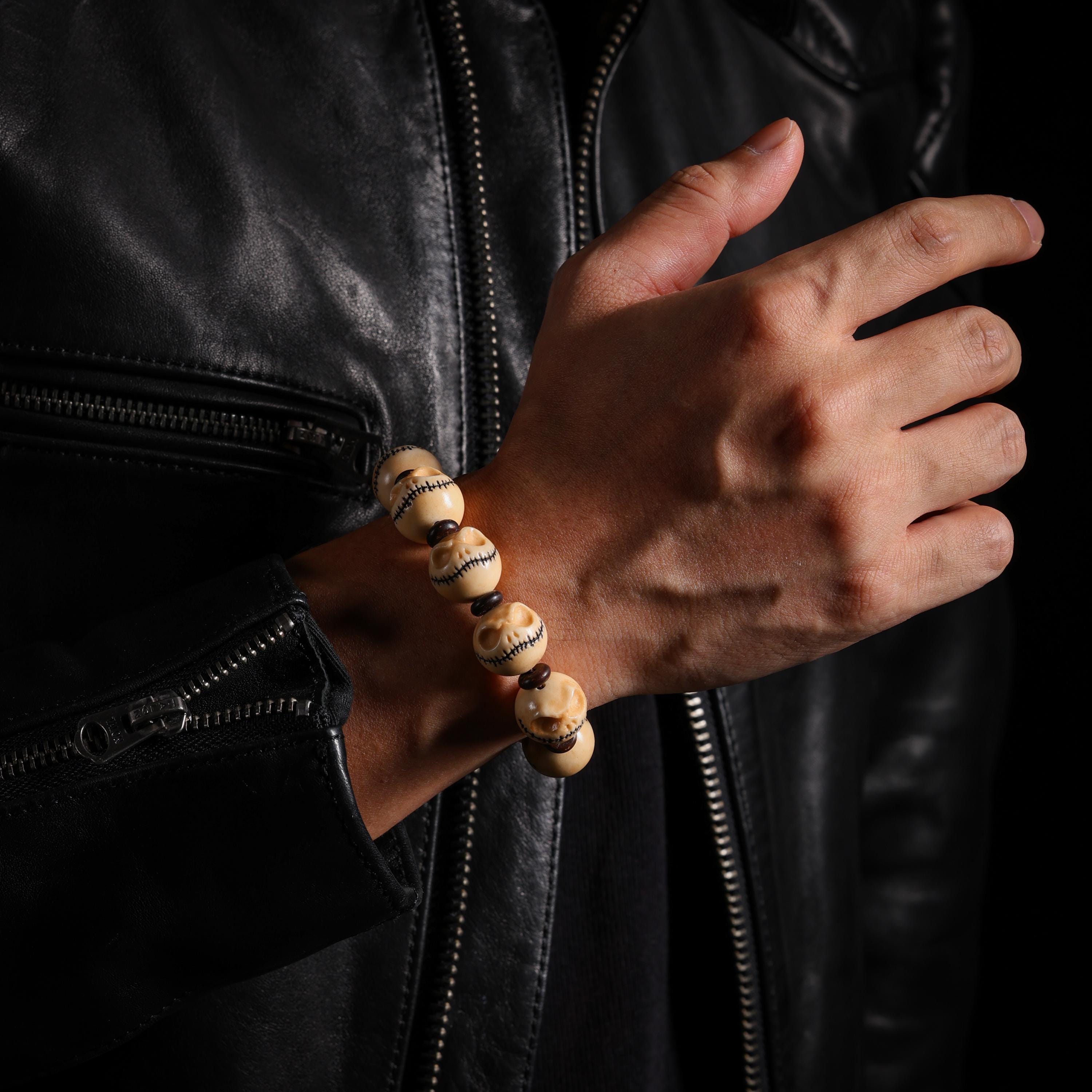 AURA DEER Skull Bracelet Hand-Carved Yak Bone Beads Tibetan Talisman
