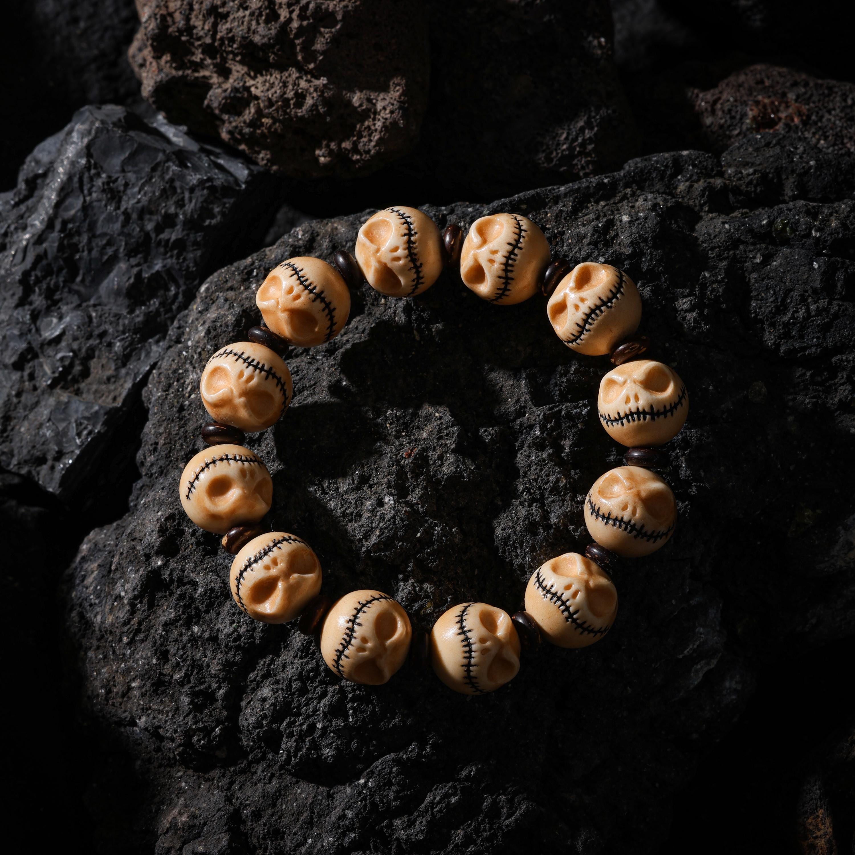 AURA DEER Skull Bracelet Hand-Carved Yak Bone Beads Tibetan Talisman