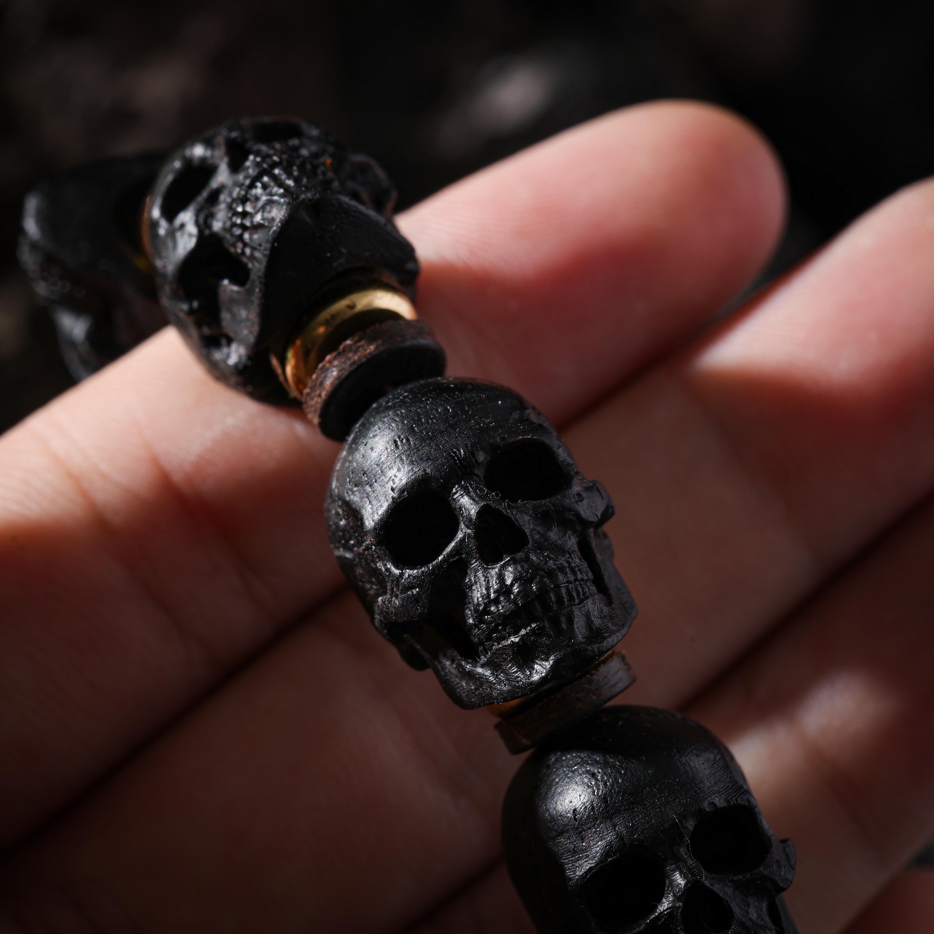 AURA DEER Black Wood Skull Bracelet Hand-Carved Skull Beads Tibetan Talisman