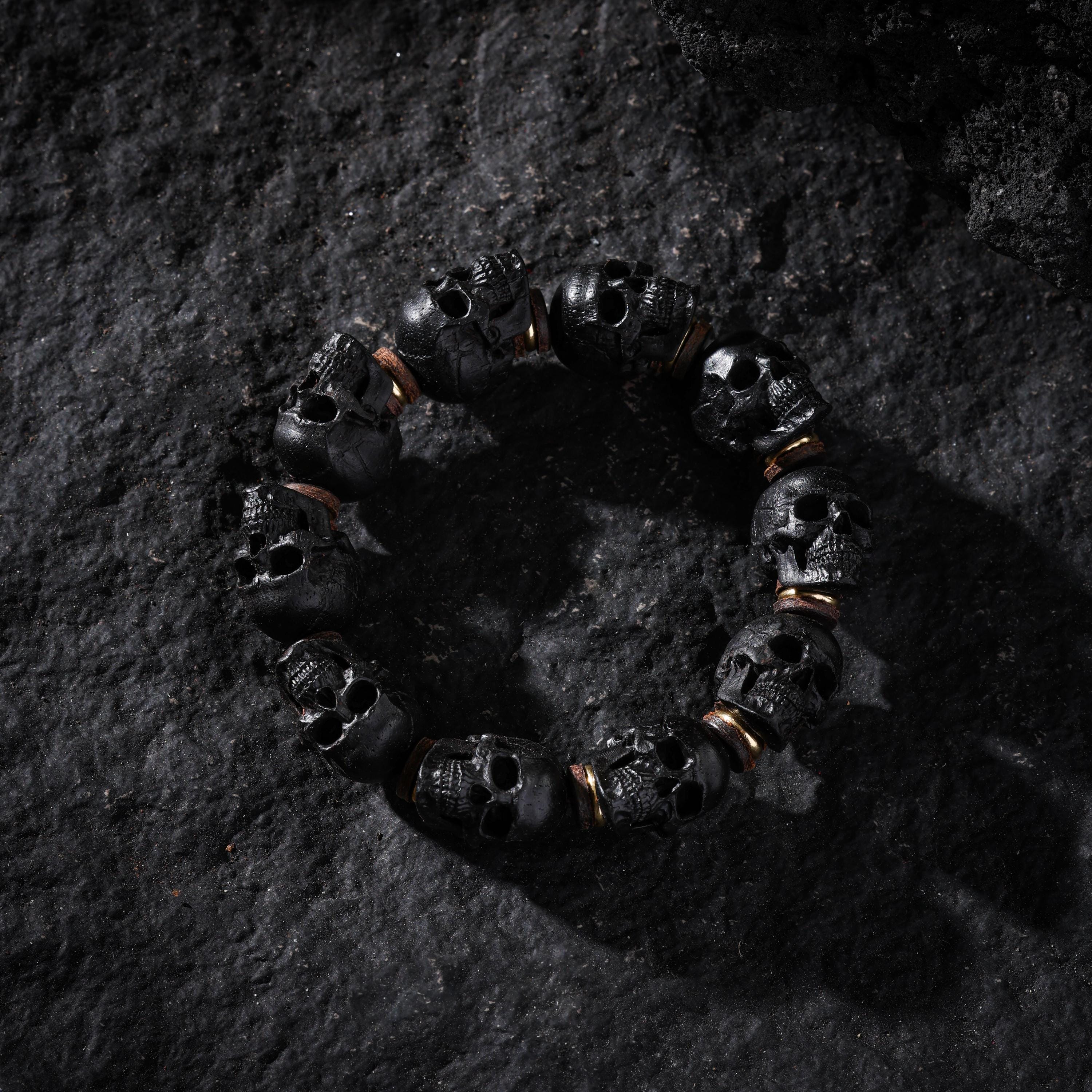 AURA DEER Black Wood Skull Bracelet Hand-Carved Skull Beads Tibetan Talisman