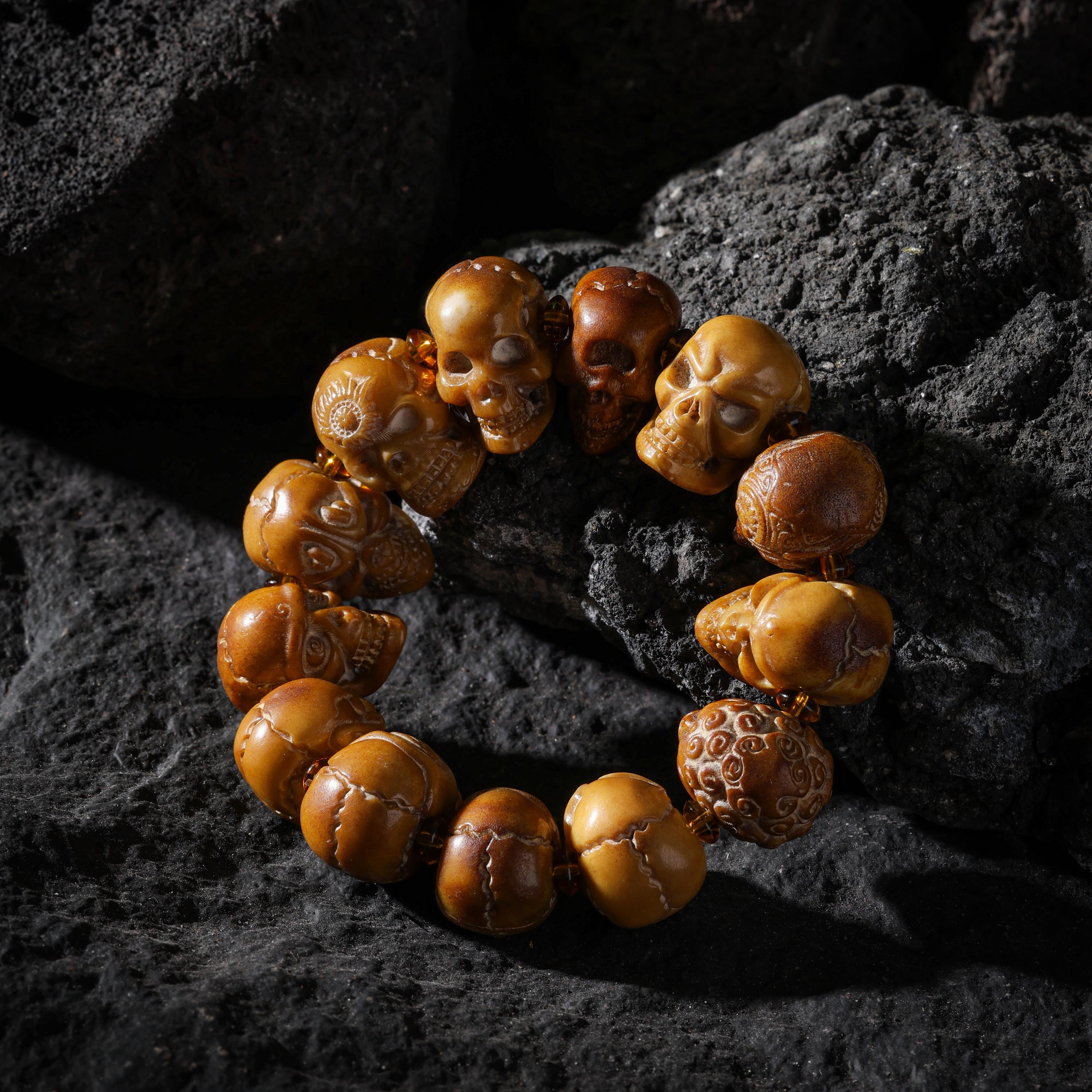 AURA DEER Chitipati Skull Yak Bone Bracelet Hand-Carved 13 Beads 23mm