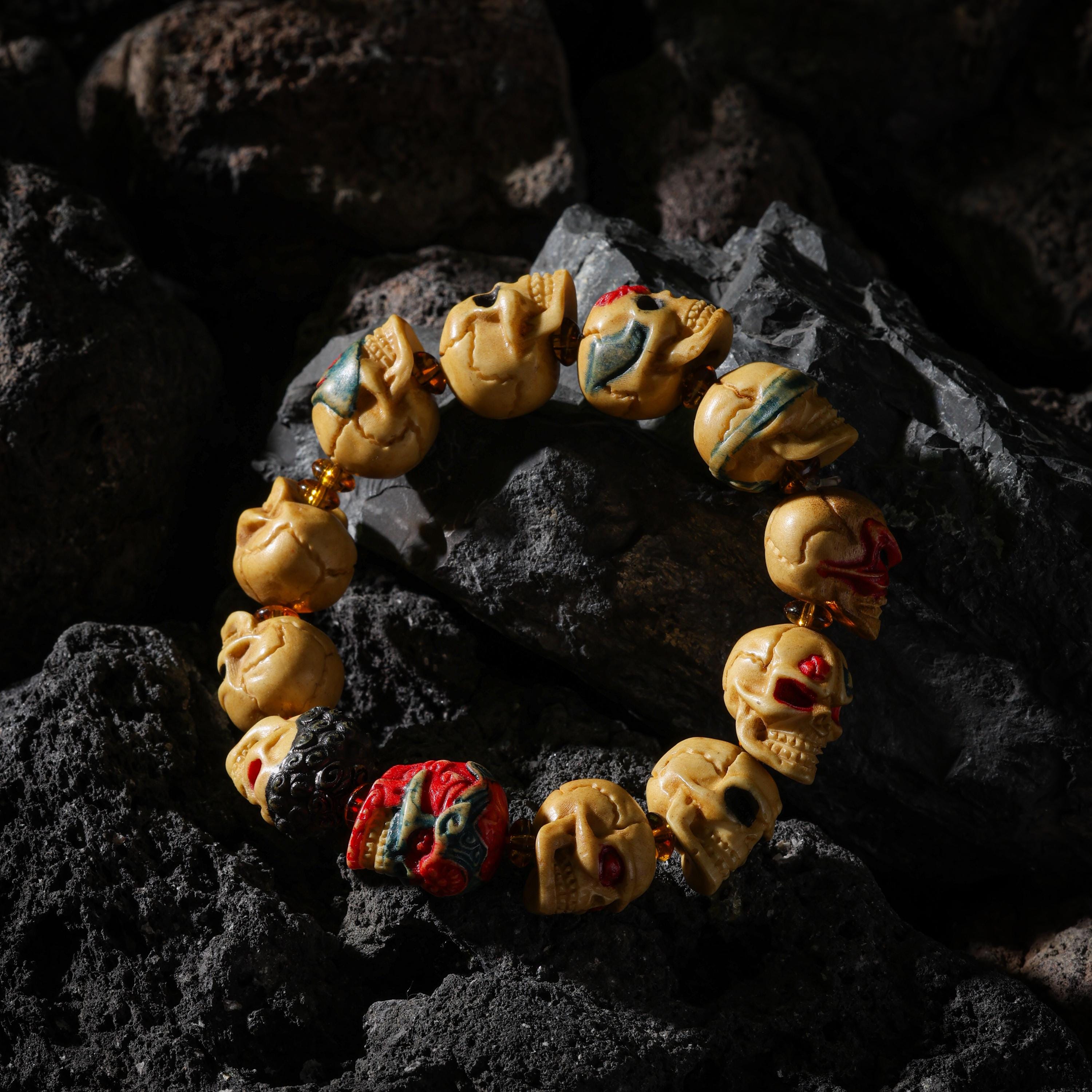 AURA DEER Skull Yak Bone Bracelet Hand-Carved 12 Unique Beads