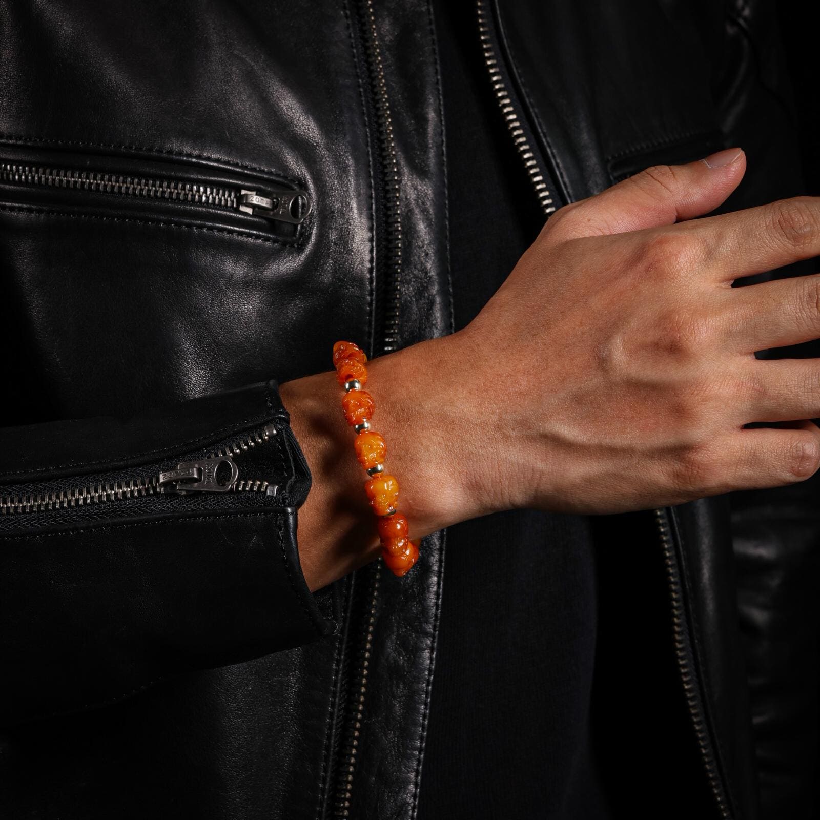 AURA DEER Bone Skull Bracelet Hand-Carved 15 Beads with Brass Spacers