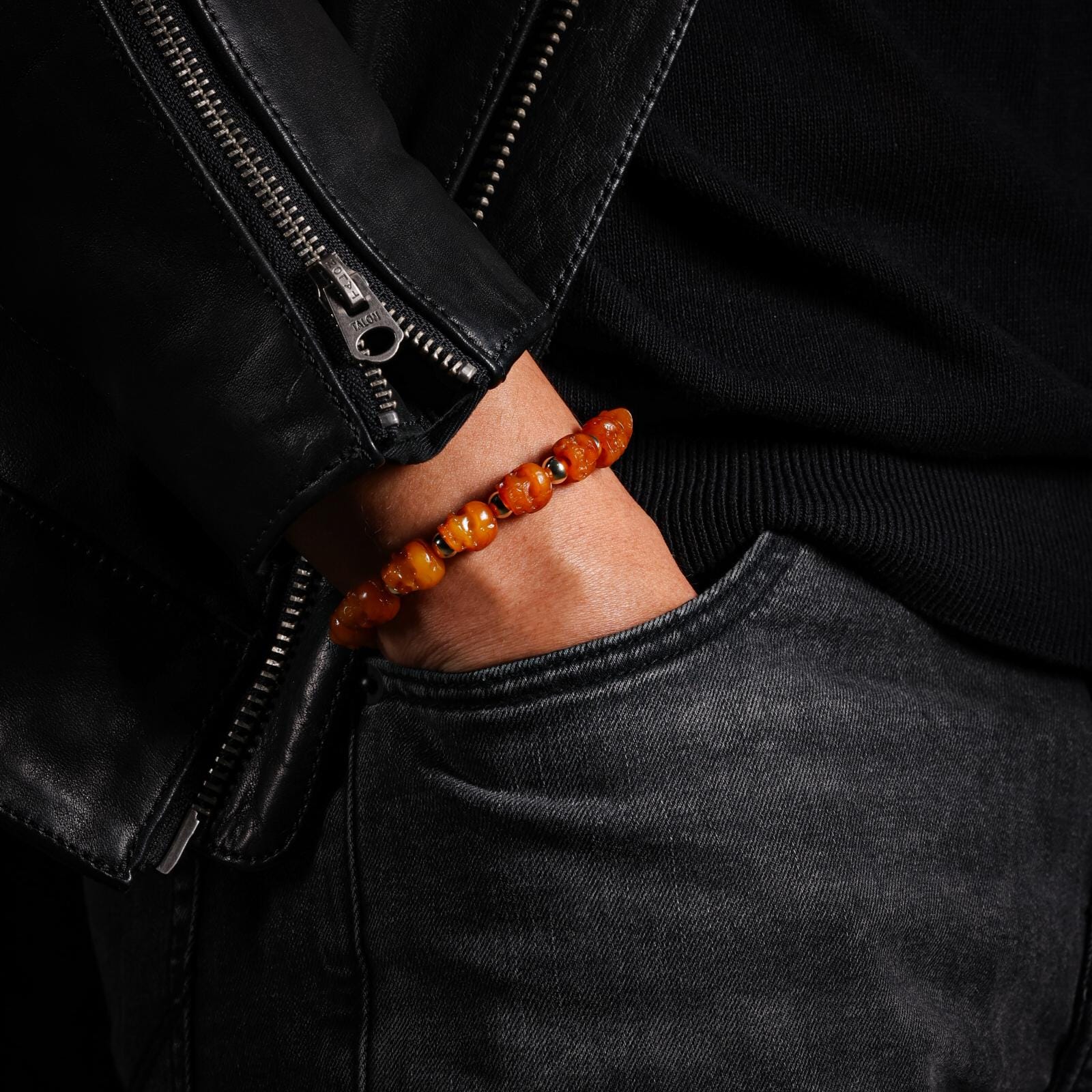 AURA DEER Bone Skull Bracelet Hand-Carved 15 Beads with Brass Spacers