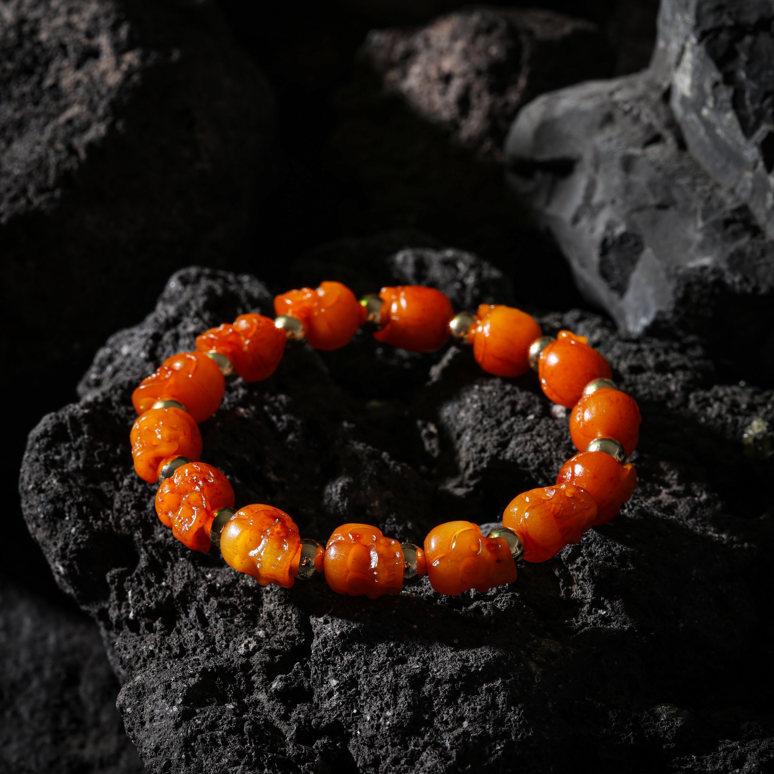 AURA DEER Bone Skull Bracelet Hand-Carved 15 Beads with Brass Spacers