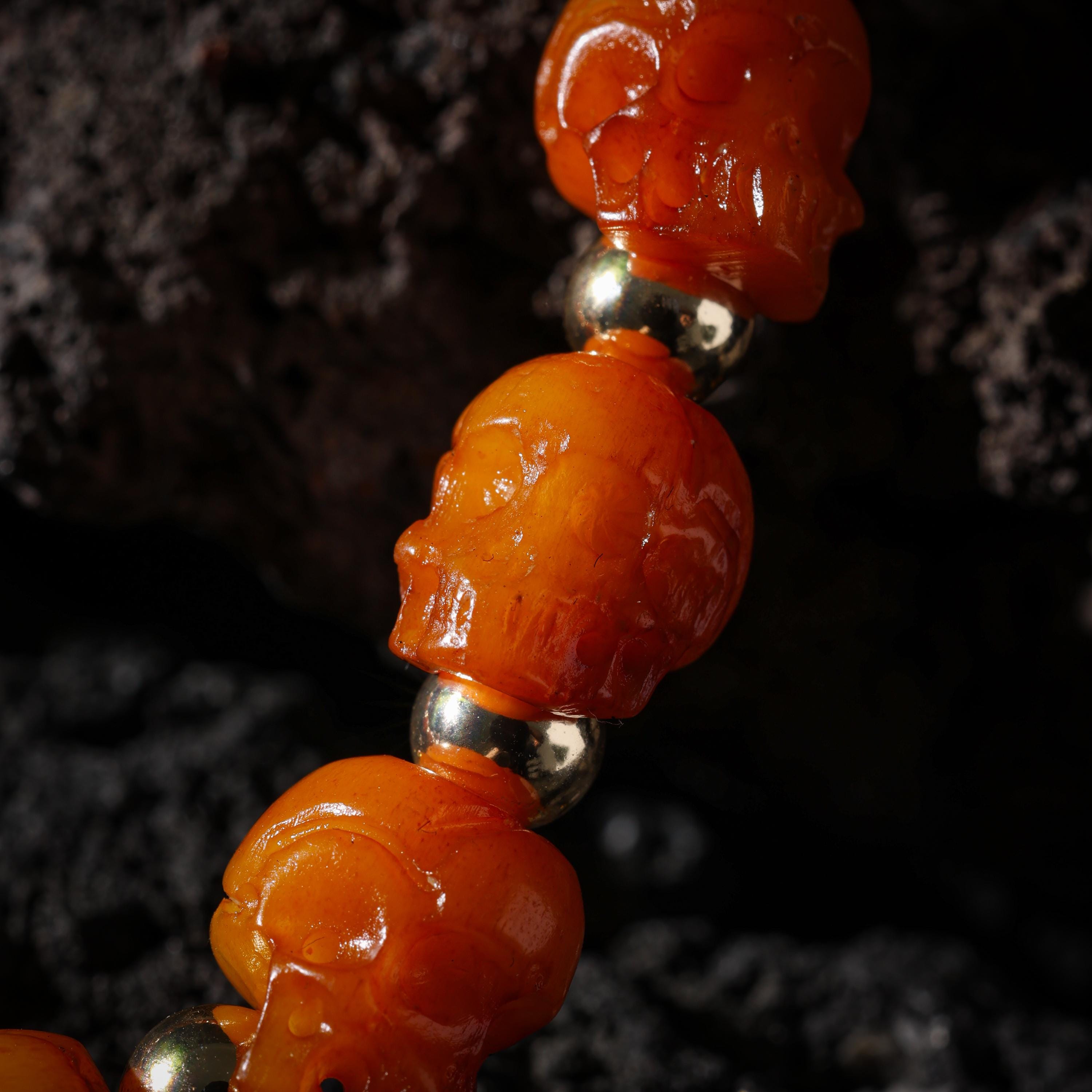 AURA DEER Bone Skull Bracelet Hand-Carved 15 Beads with Brass Spacers