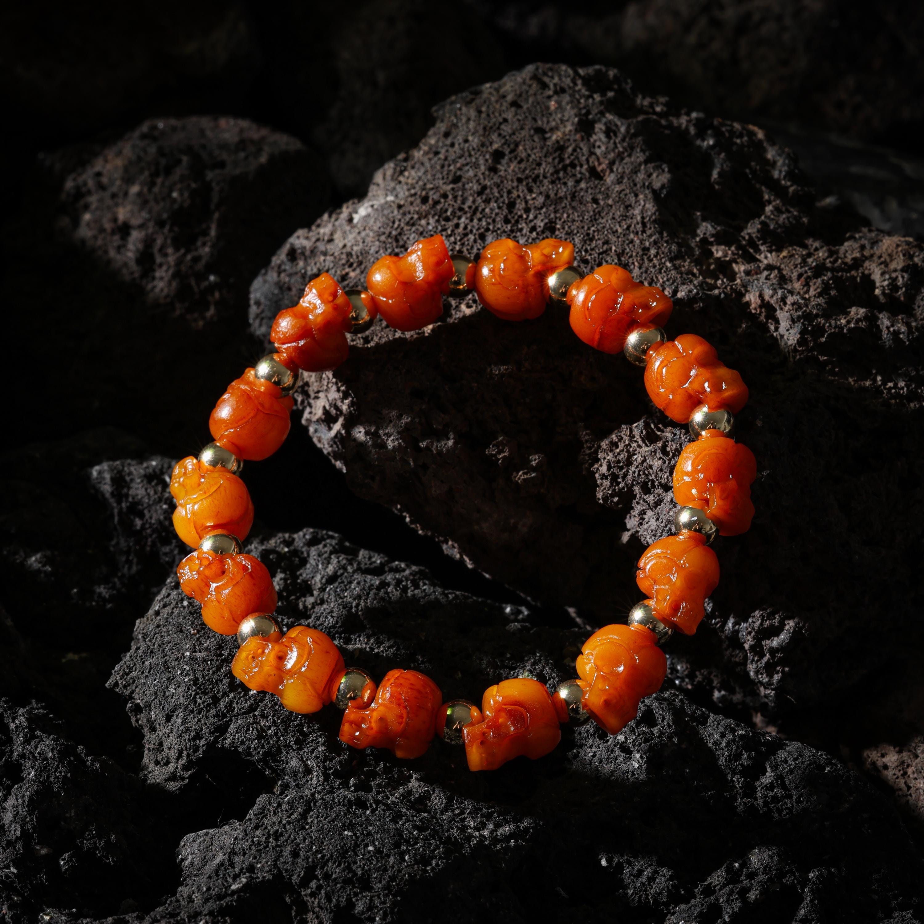 AURA DEER Bone Skull Bracelet Hand-Carved 15 Beads with Brass Spacers