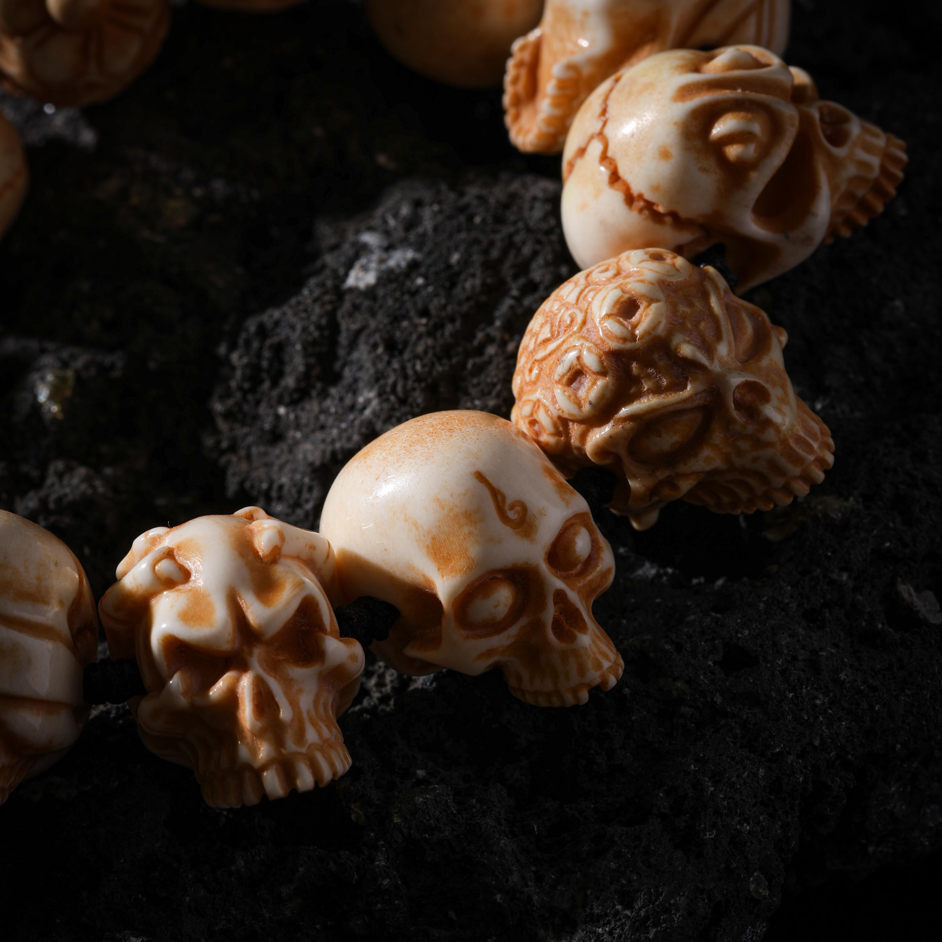 AURA DEER Skull Bracelet Hand-Carved Yak Bone Beads Tibetan Talisman