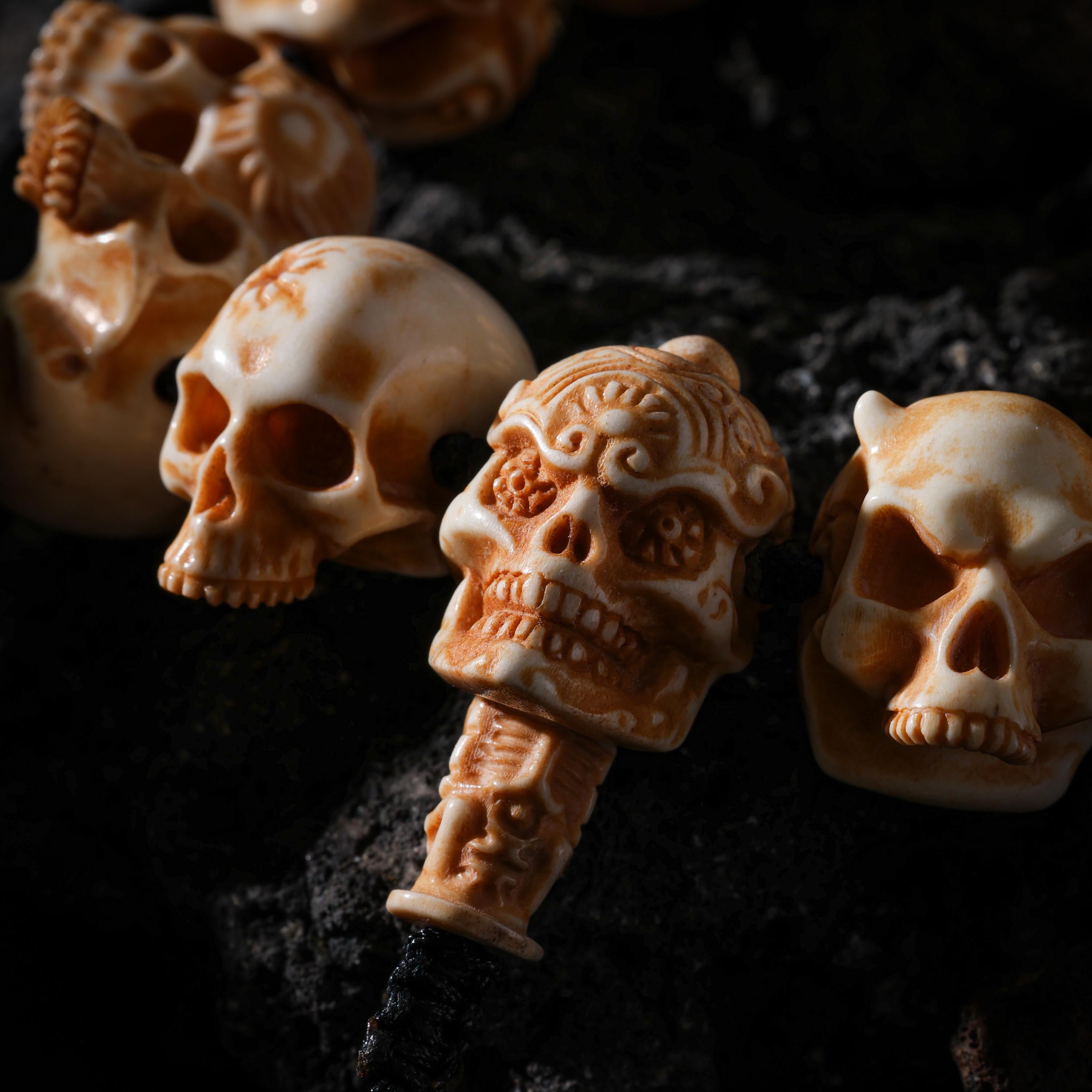 AURA DEER Skull Bracelet Hand-Carved Yak Bone Beads Tibetan Talisman