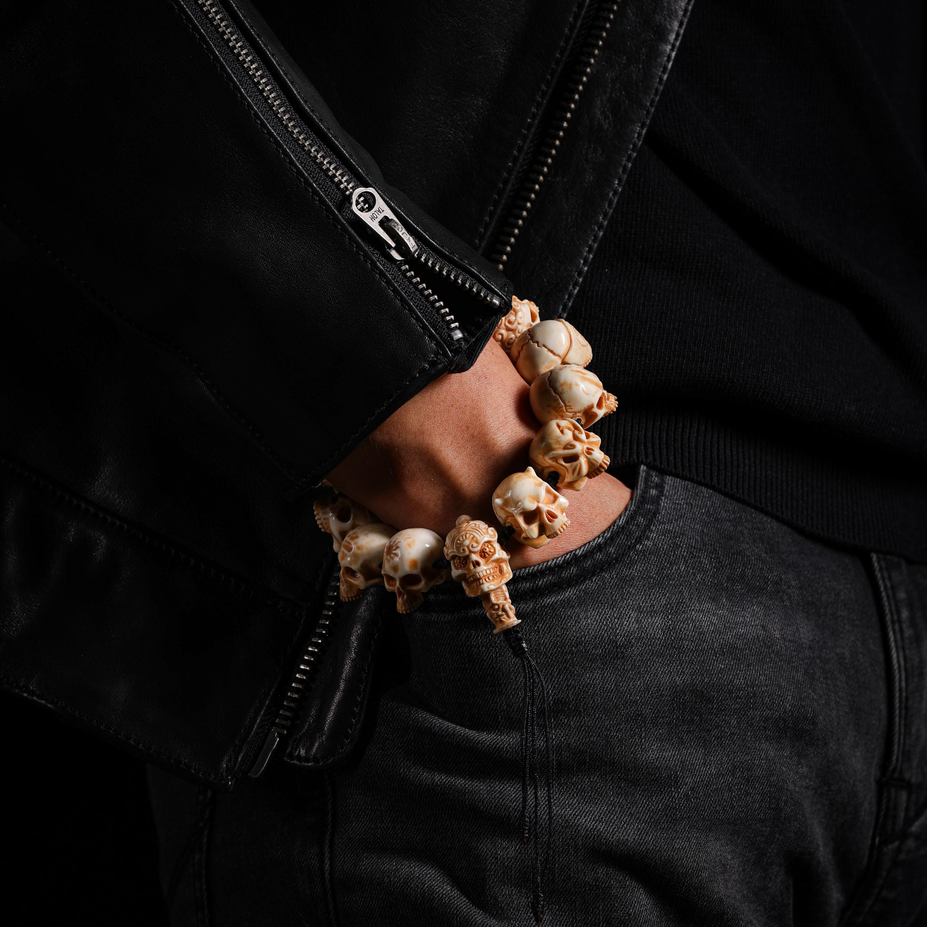 AURA DEER Skull Bracelet Hand-Carved Yak Bone Beads Tibetan Talisman