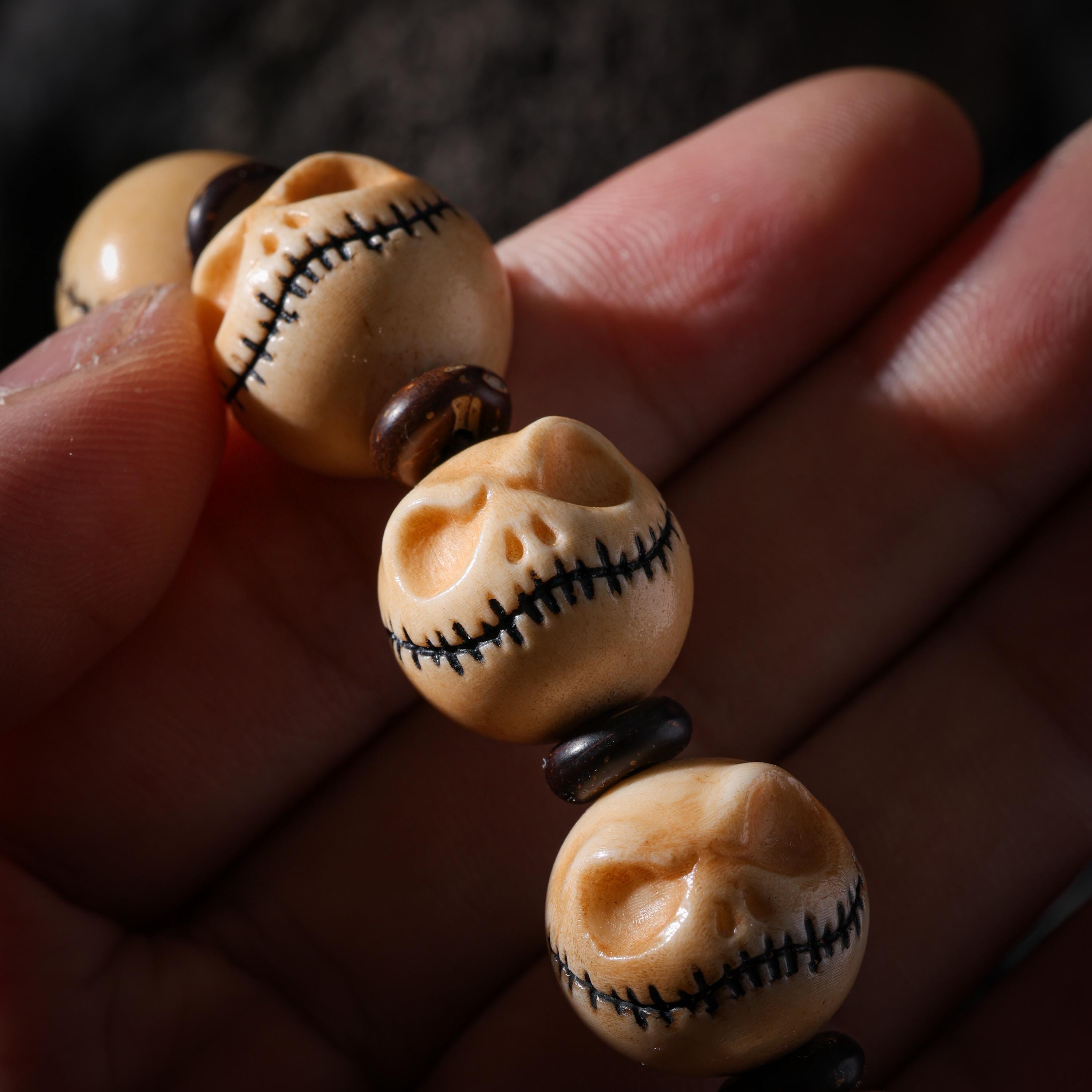 AURA DEER Skull Bracelet Hand-Carved Yak Bone Beads Tibetan Talisman
