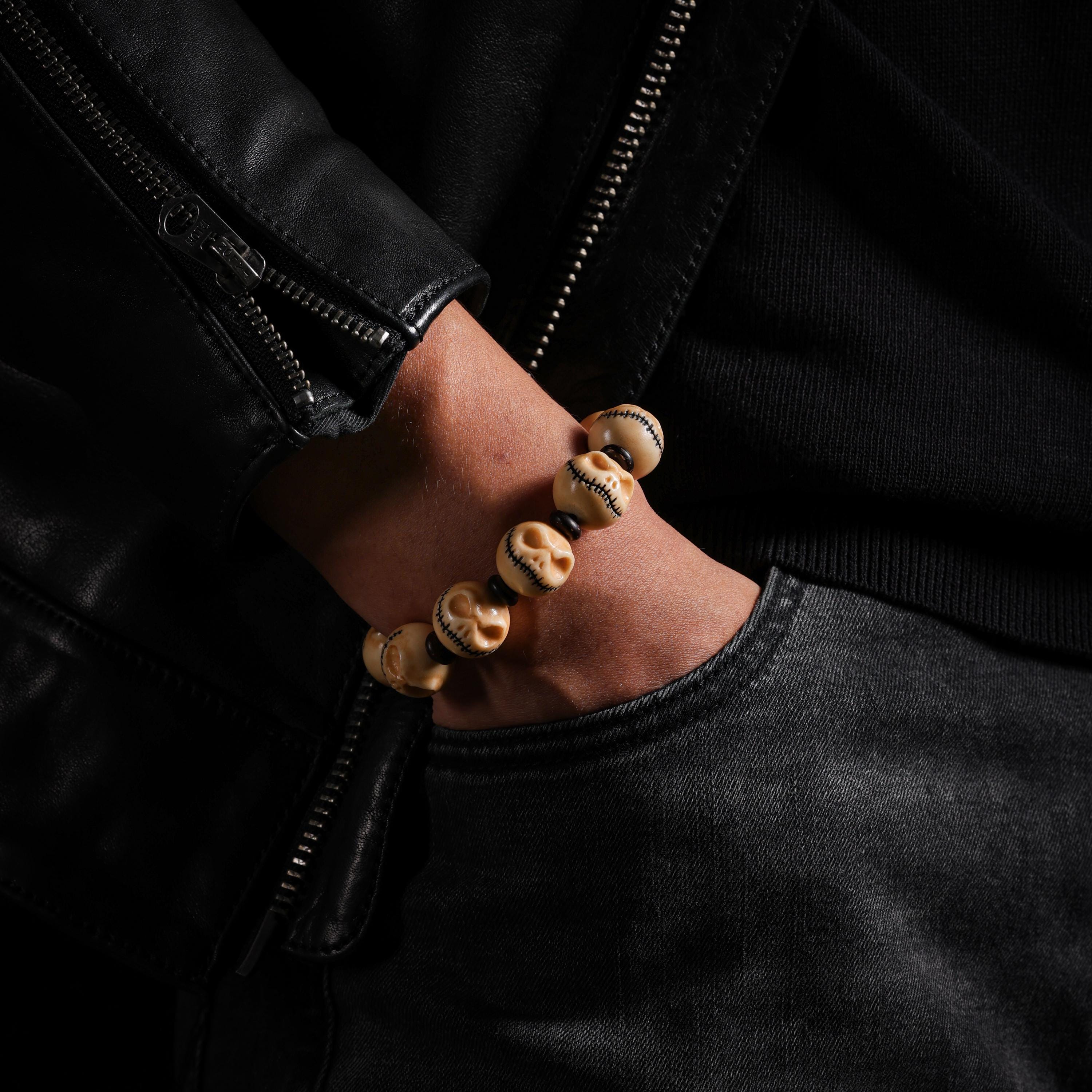 AURA DEER Skull Bracelet Hand-Carved Yak Bone Beads Tibetan Talisman