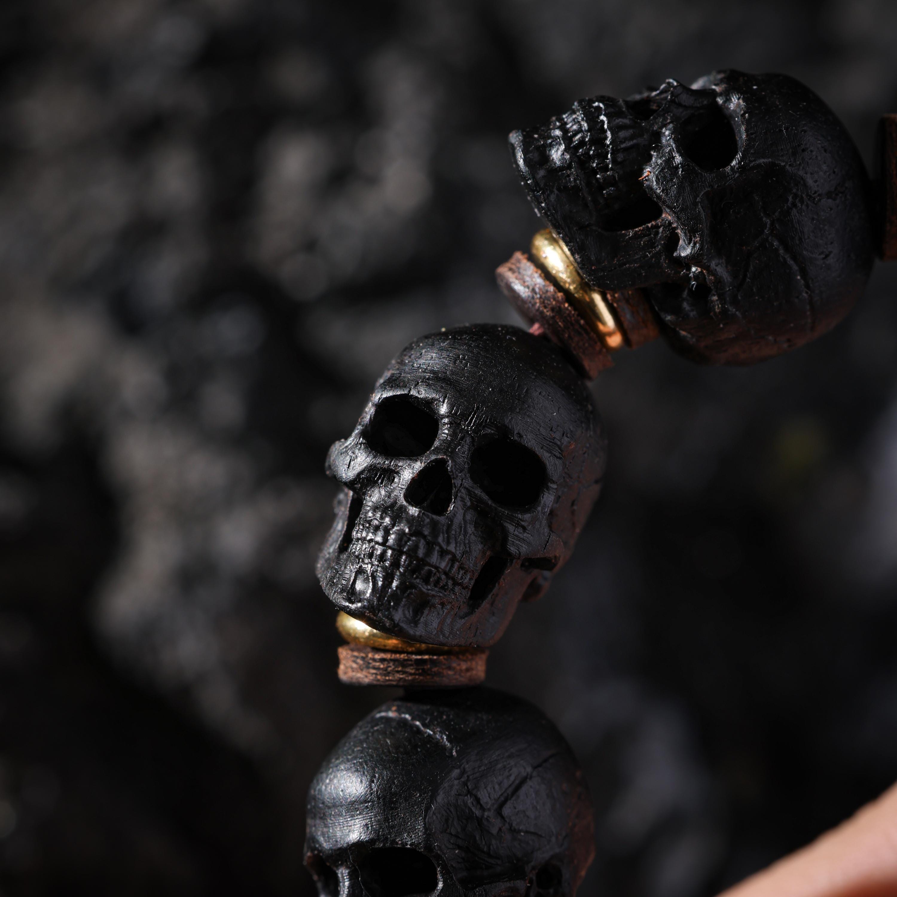 AURA DEER Black Wood Skull Bracelet Hand-Carved Skull Beads Tibetan Talisman