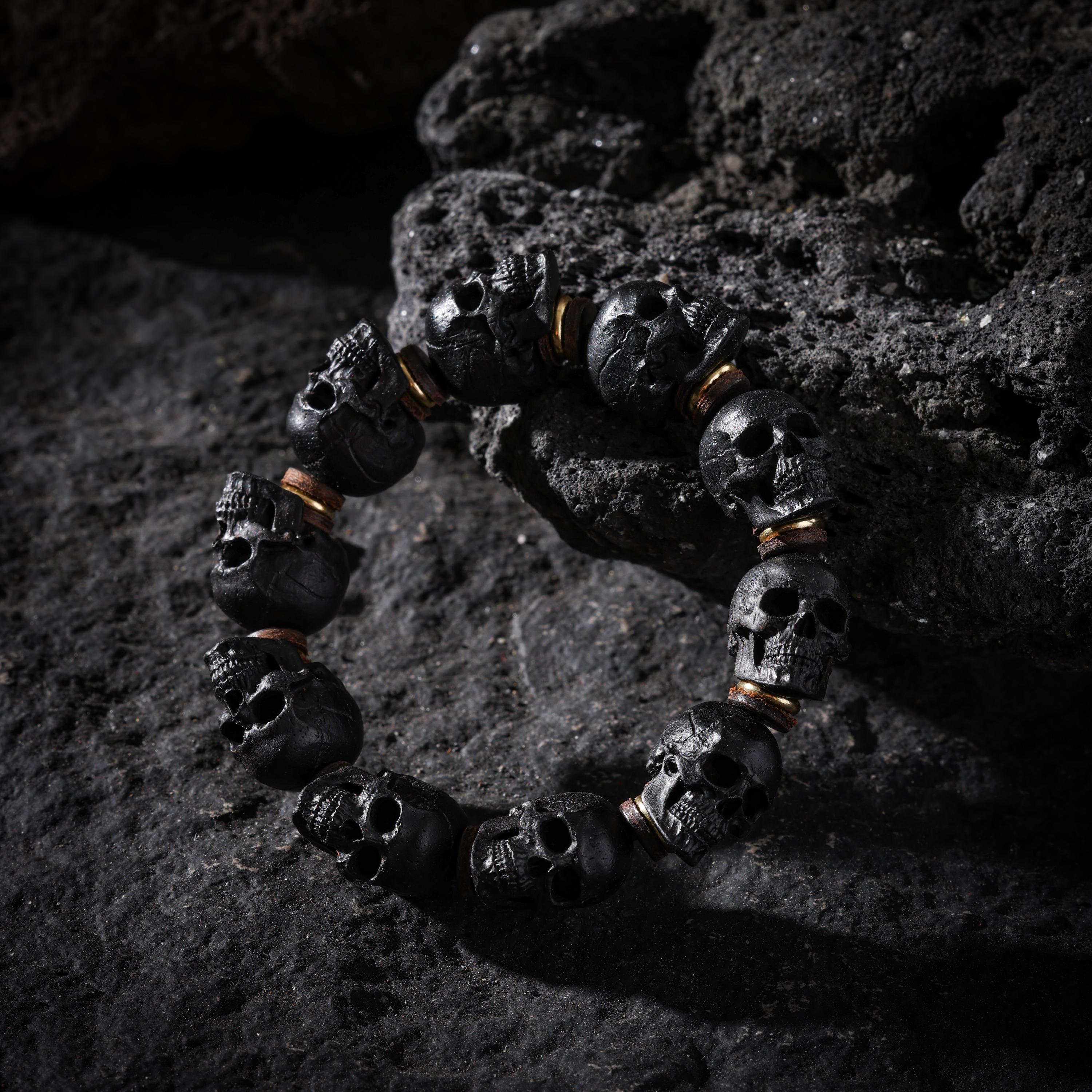 AURA DEER Black Wood Skull Bracelet Hand-Carved Skull Beads Tibetan Talisman