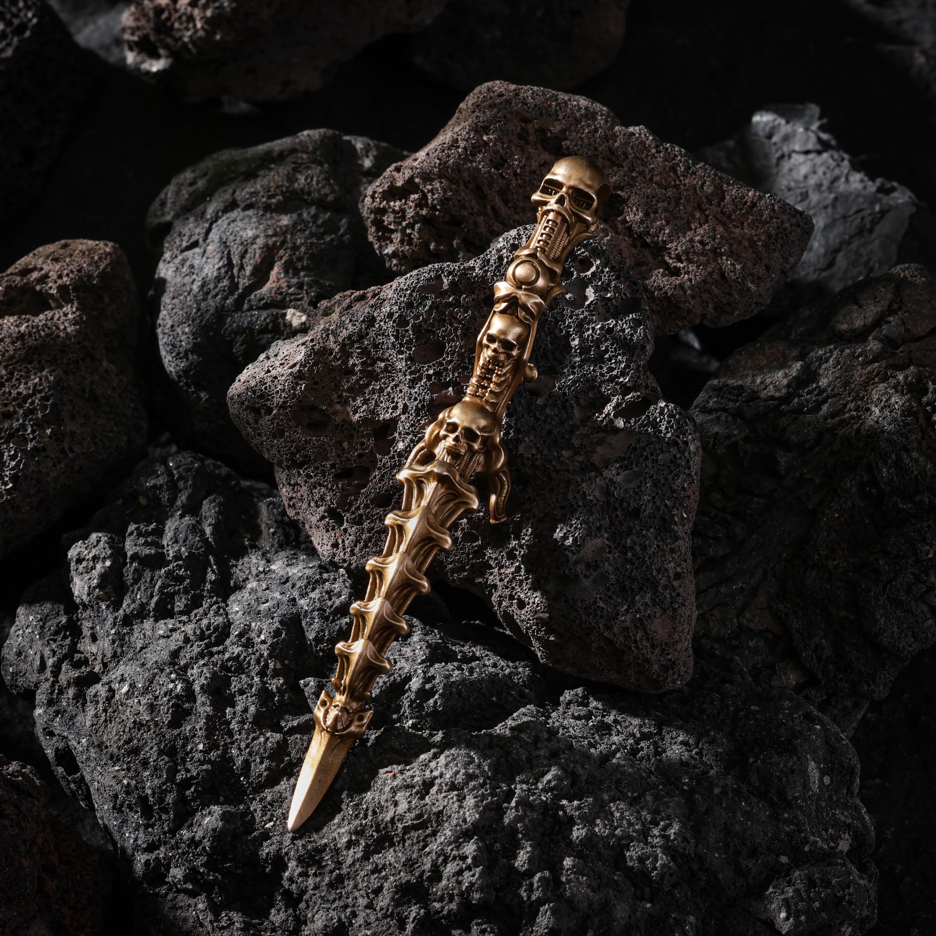 AURA DEER Brass Skull Spine Talisman, Charnel Ground Handheld Talisman