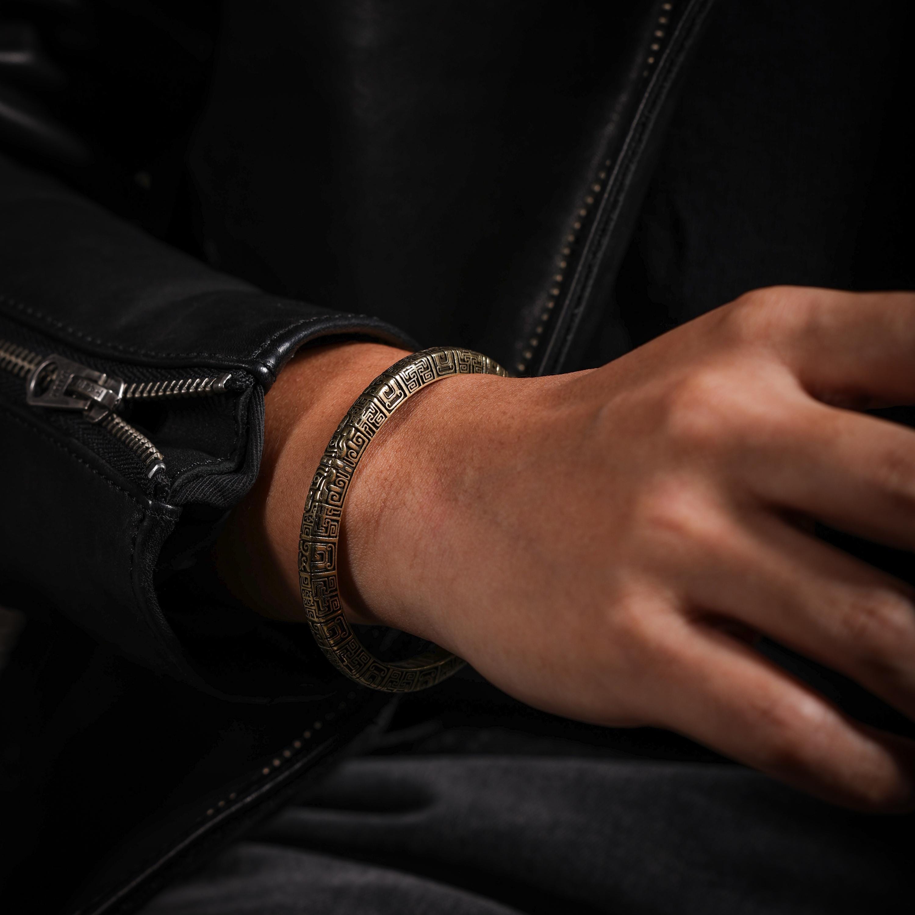 AURA DEER Taotie Engraved Antique Brass Open Cuff Bracelet