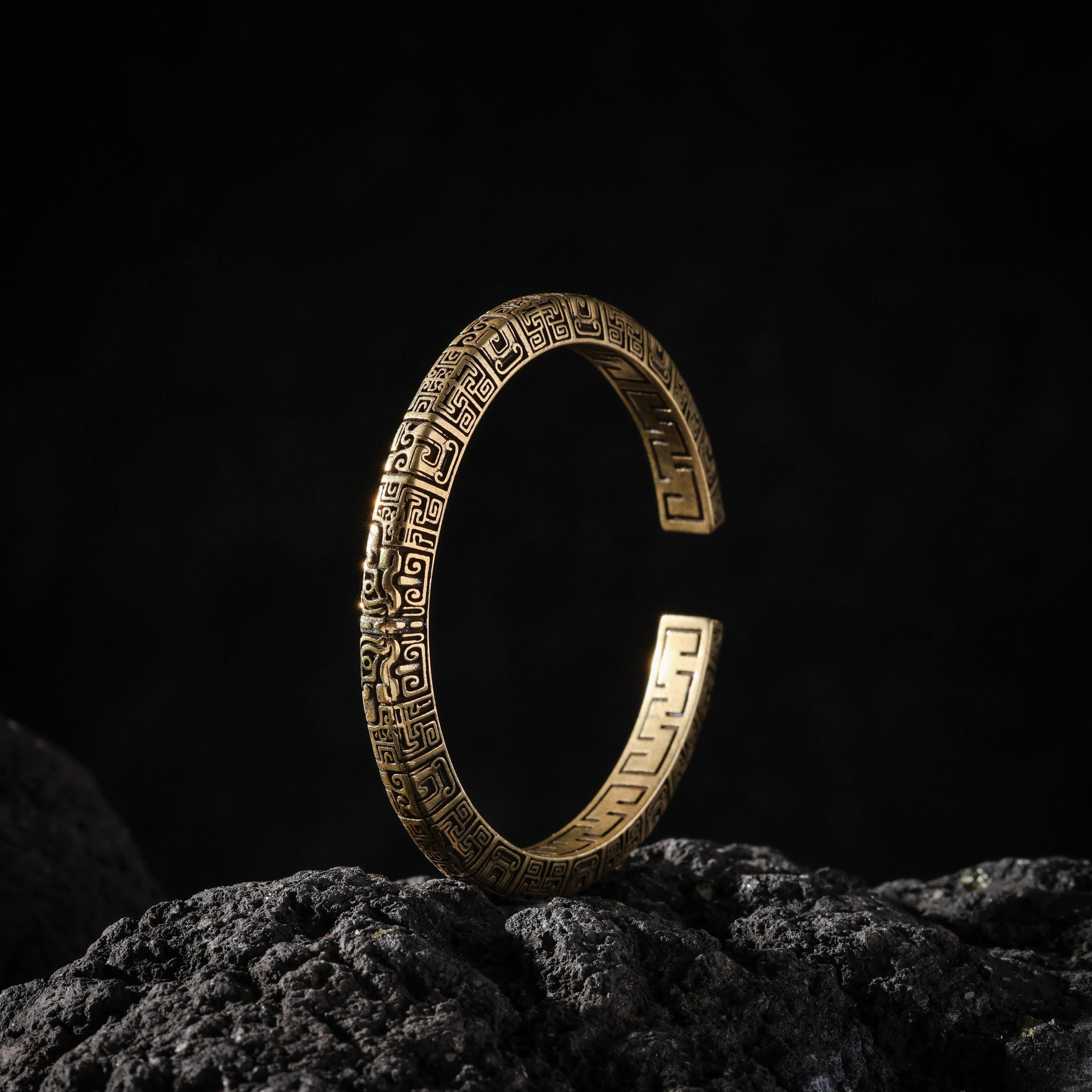 AURA DEER Taotie Engraved Antique Brass Open Cuff Bracelet