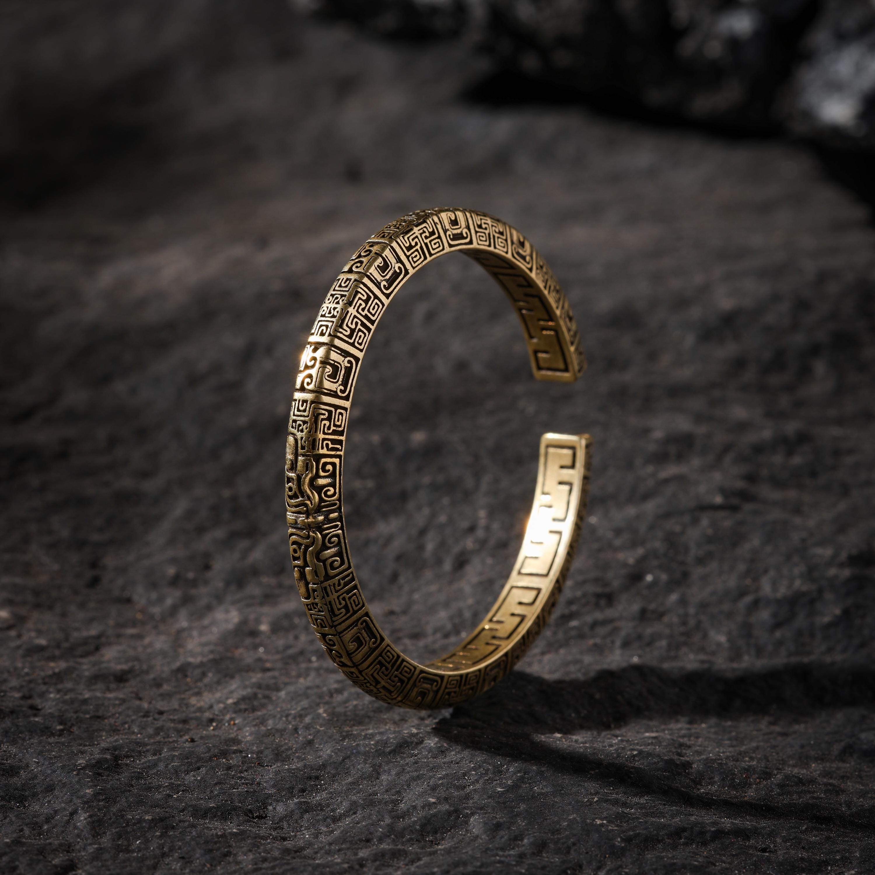 AURA DEER Taotie Engraved Antique Brass Open Cuff Bracelet