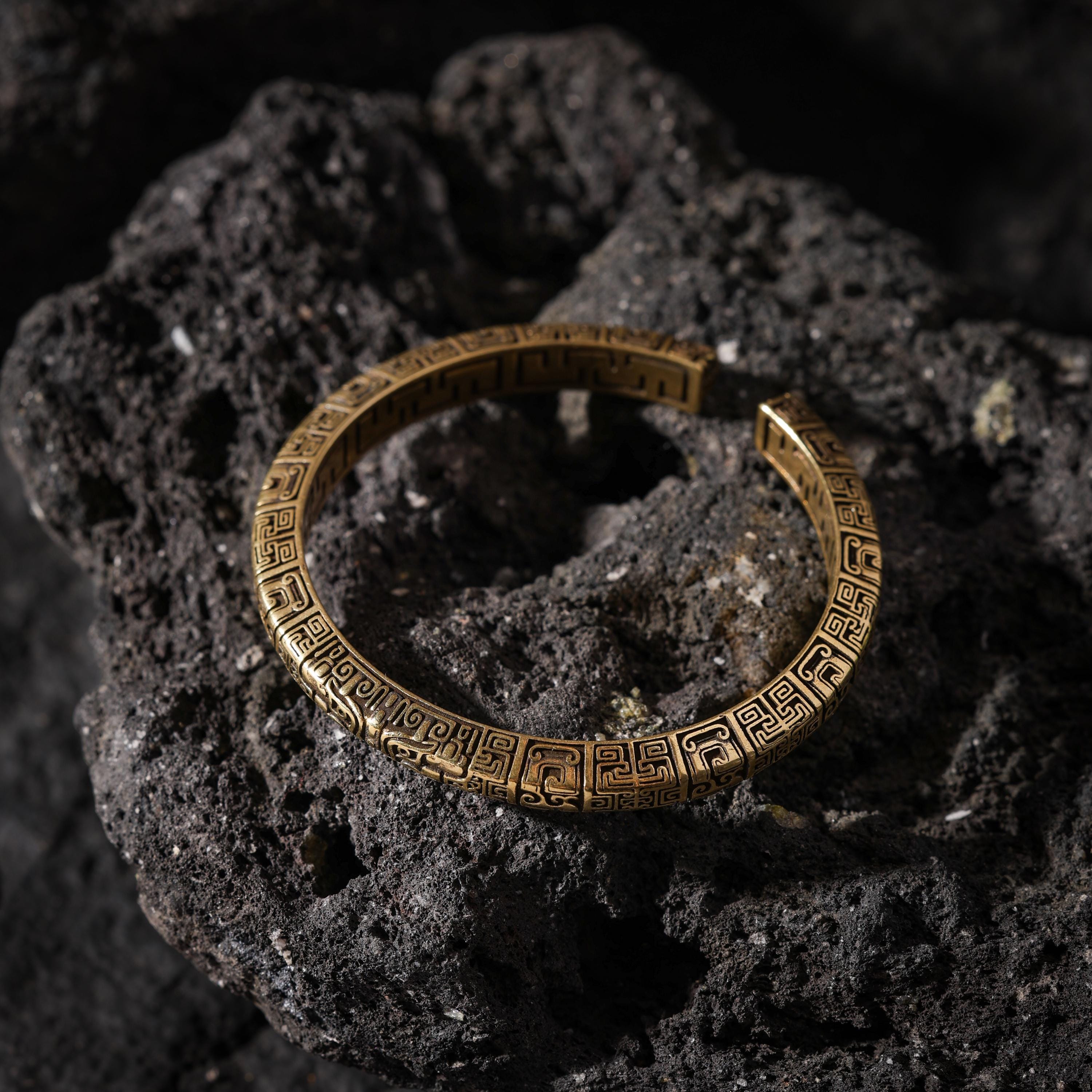 AURA DEER Taotie Engraved Antique Brass Open Cuff Bracelet