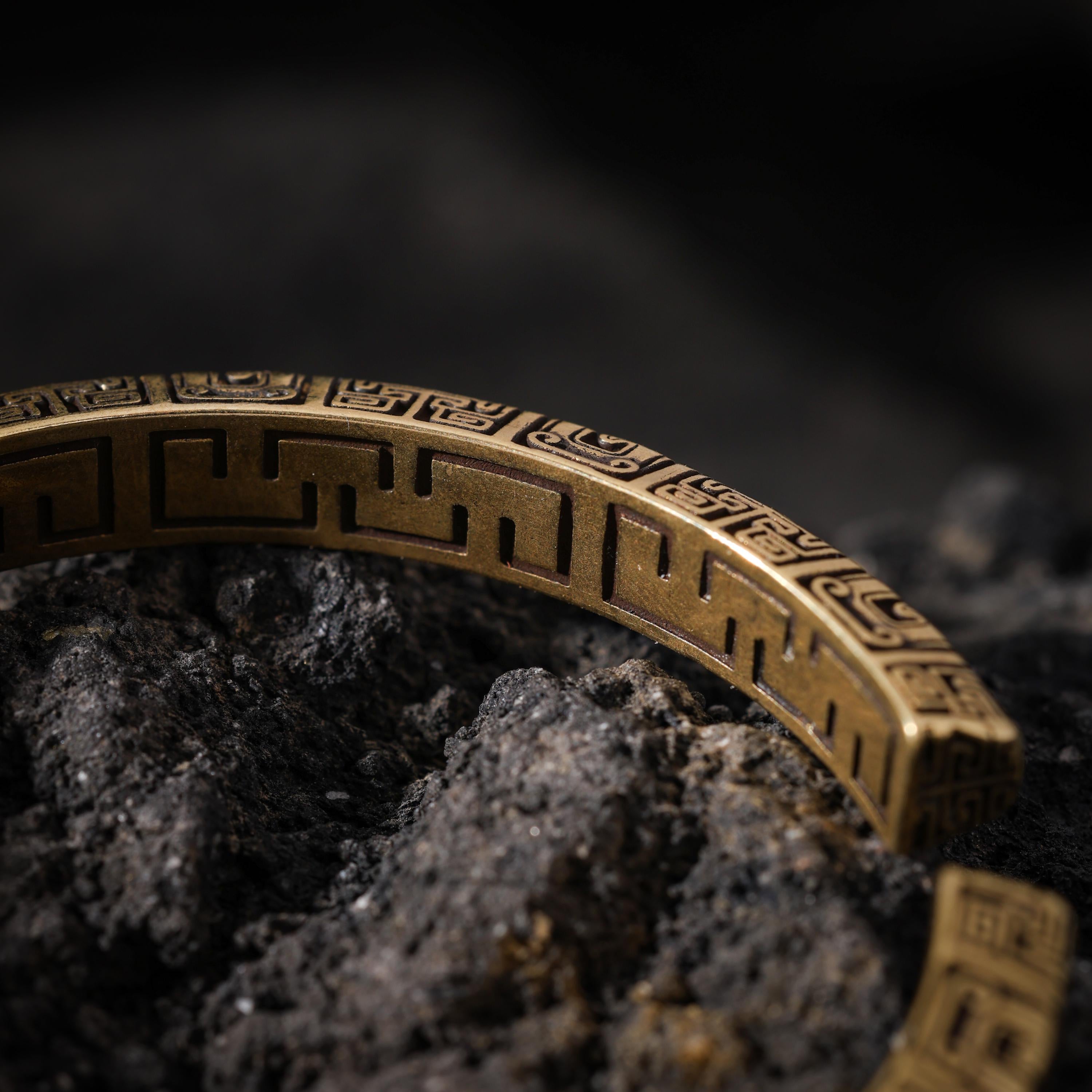 AURA DEER Taotie Engraved Antique Brass Open Cuff Bracelet