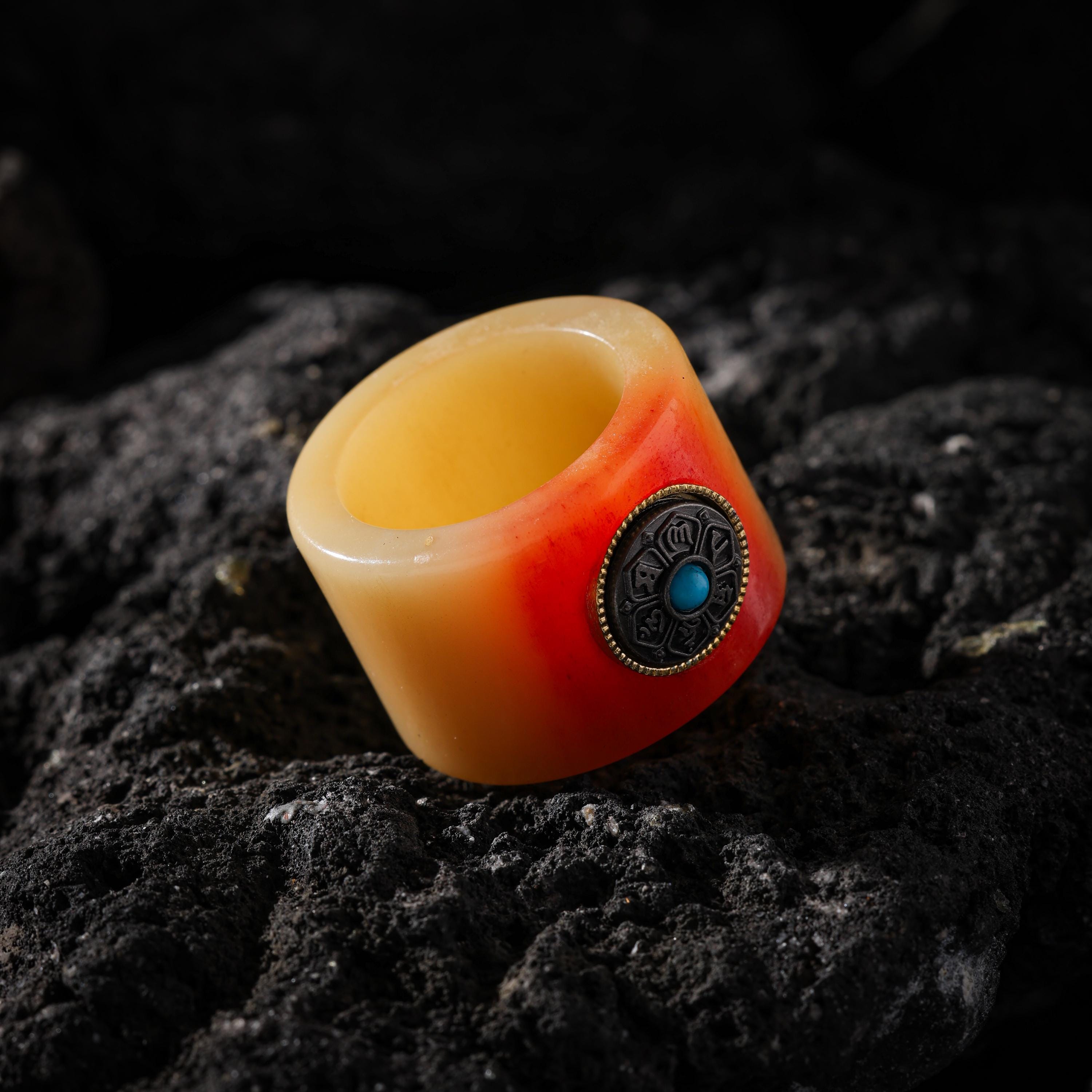 AURA DEER Red-Toned Yak Bone Turquoise Mantra Thumb Ring