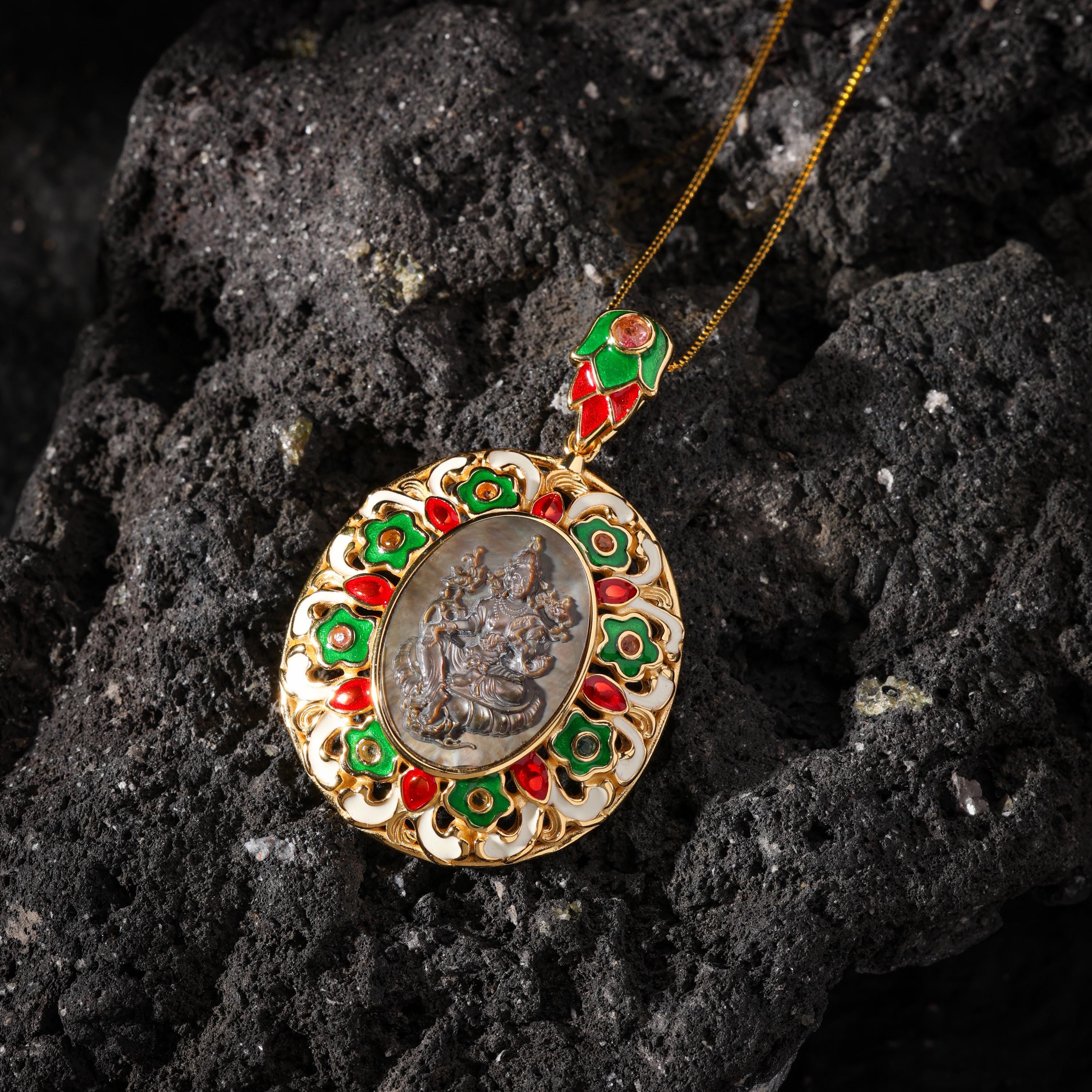 AURA DEER Green Tara Enamel Black Shell Pendant Sterling Silver Necklace