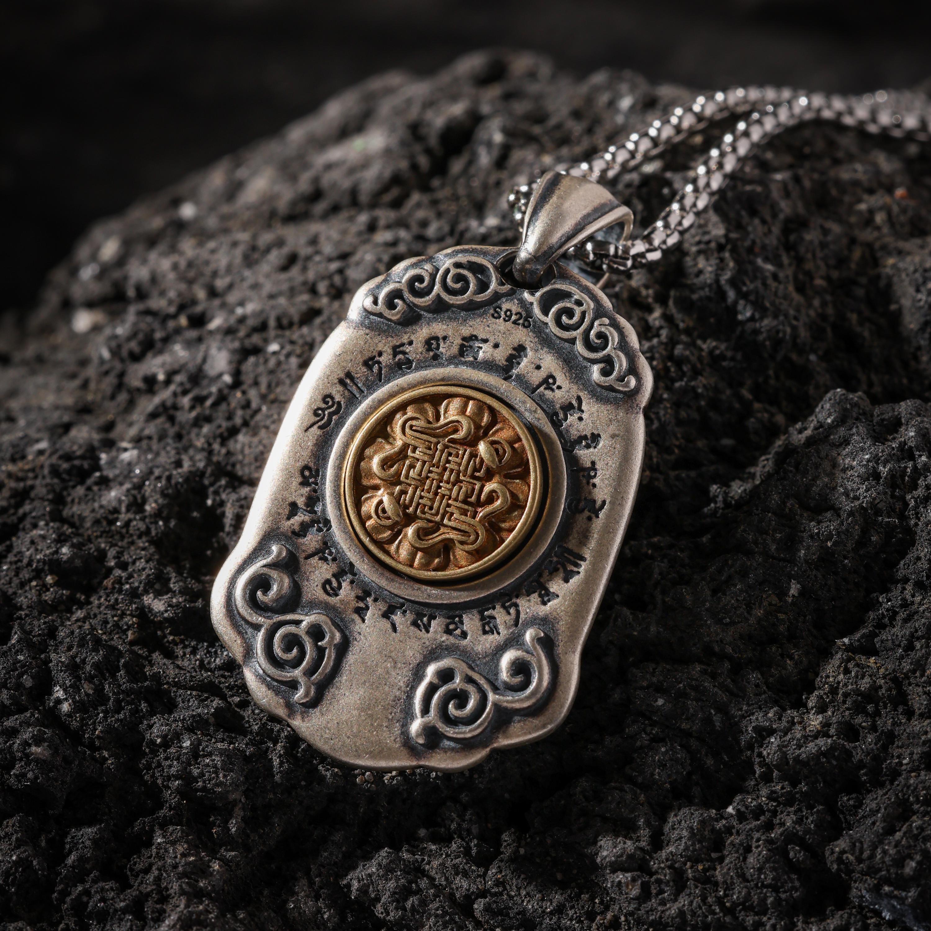 AURA DEER Yellow Jambhala Endless Knot Pendant Sterling Silver Tibetan Amulet Necklace