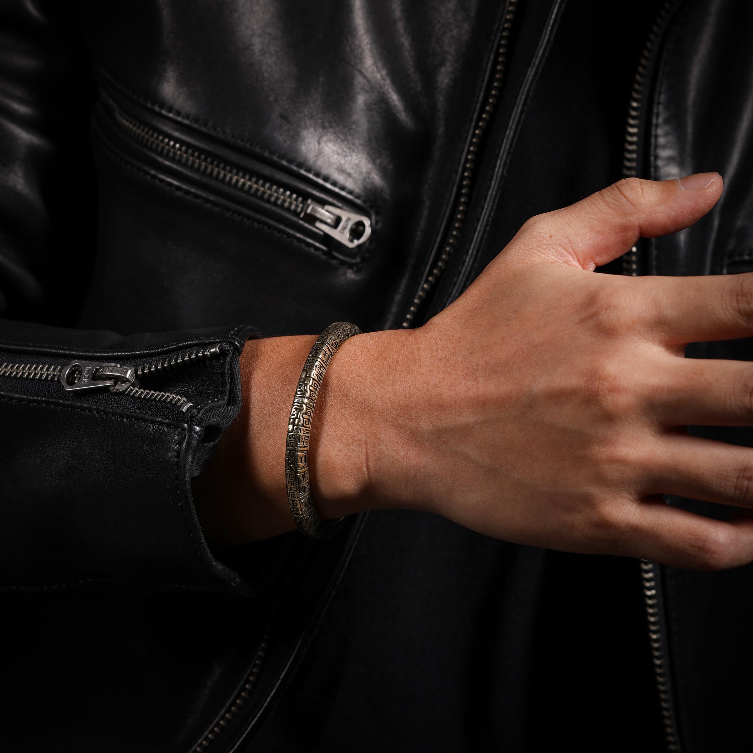 AURA DEER Taotie Engraved Antique Brass Open Cuff Bracelet