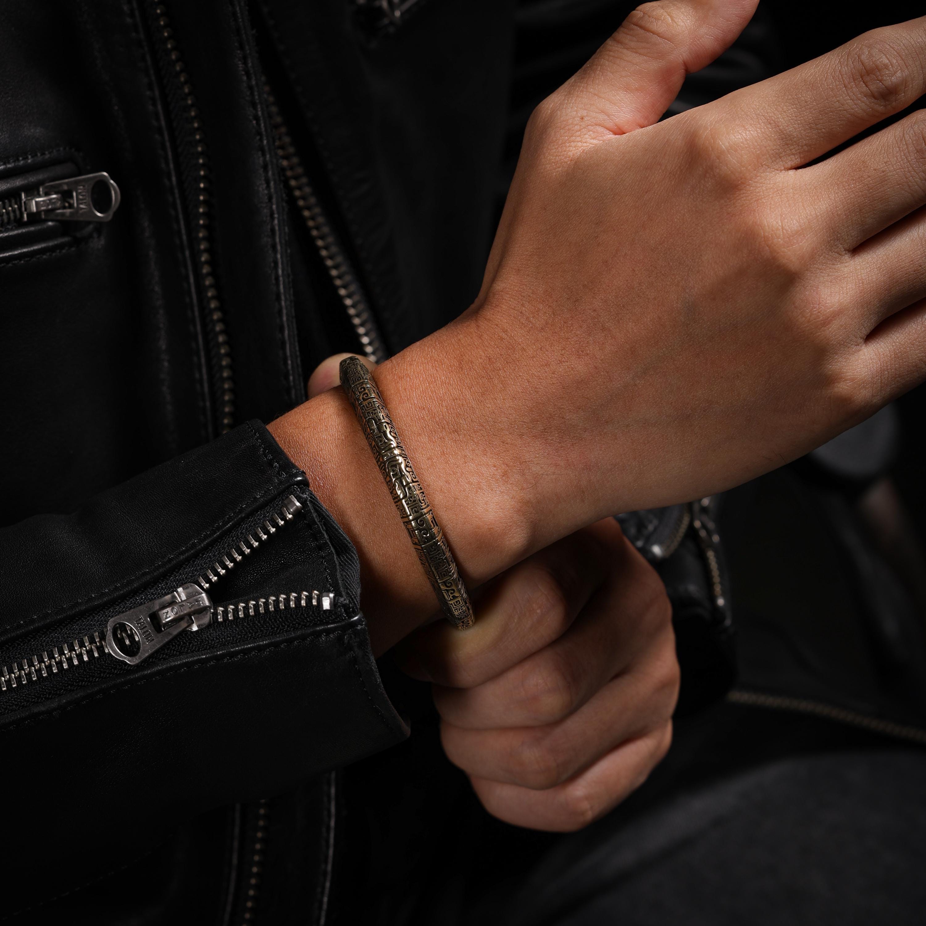 AURA DEER Taotie Engraved Antique Brass Open Cuff Bracelet
