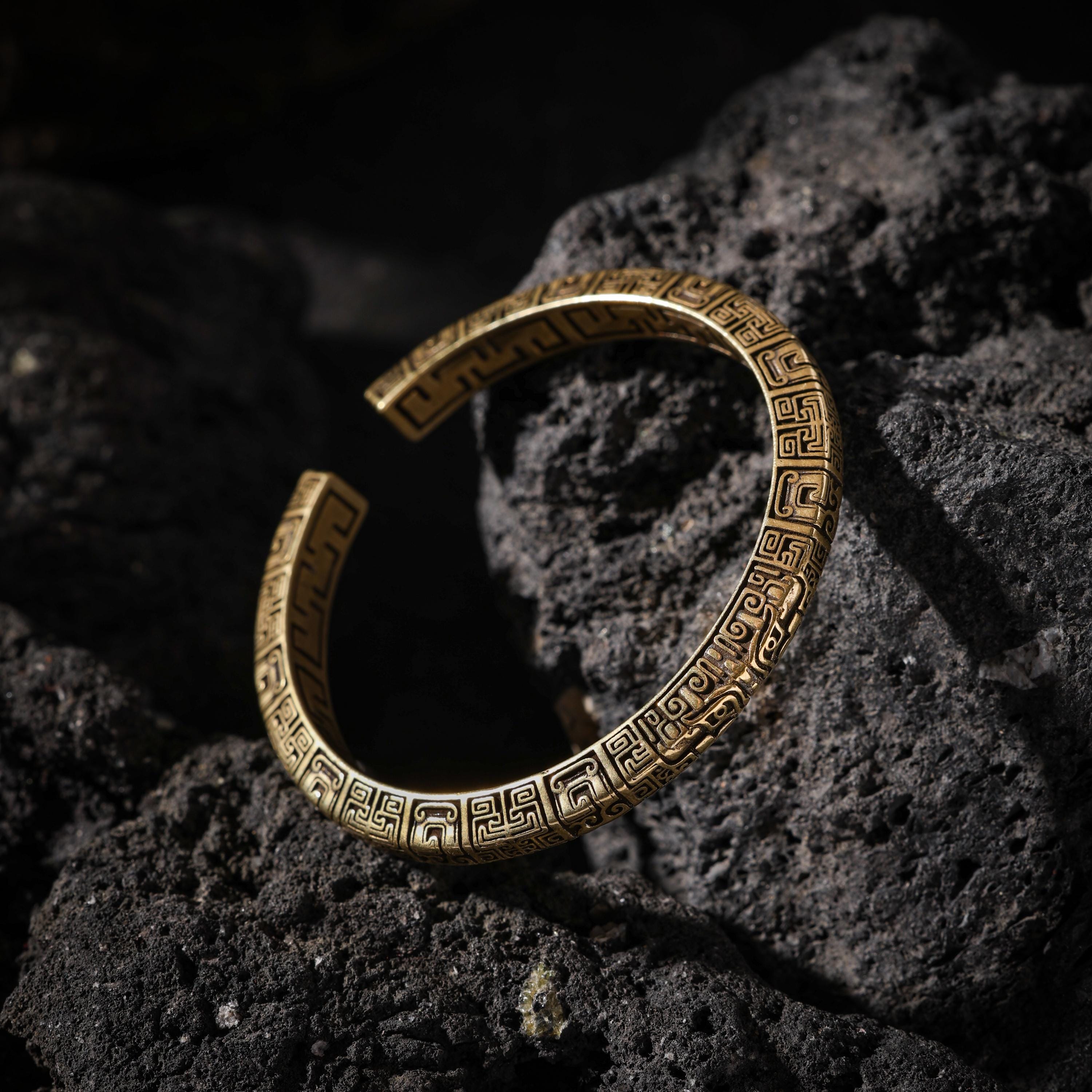 AURA DEER Taotie Engraved Antique Brass Open Cuff Bracelet