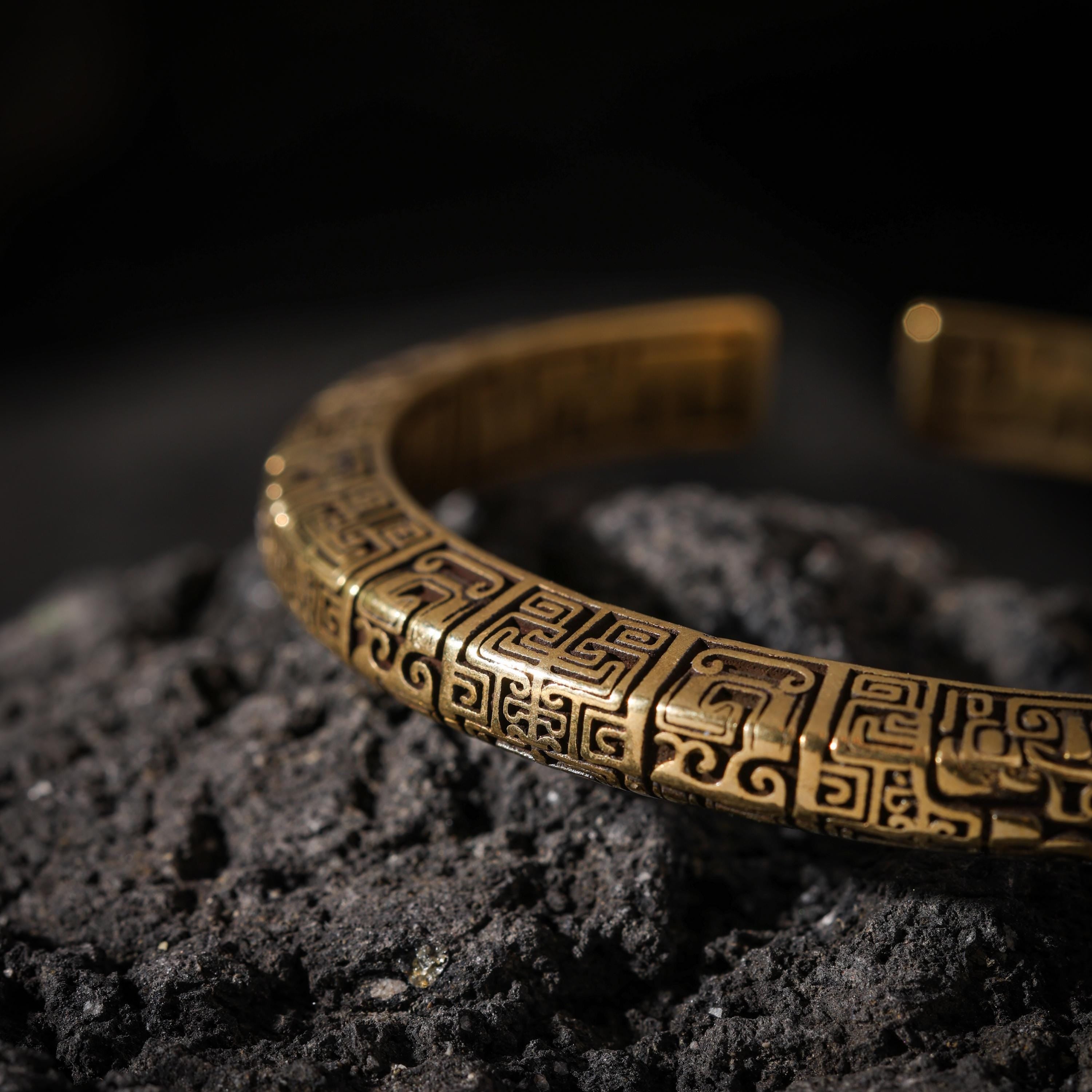 AURA DEER Taotie Engraved Antique Brass Open Cuff Bracelet