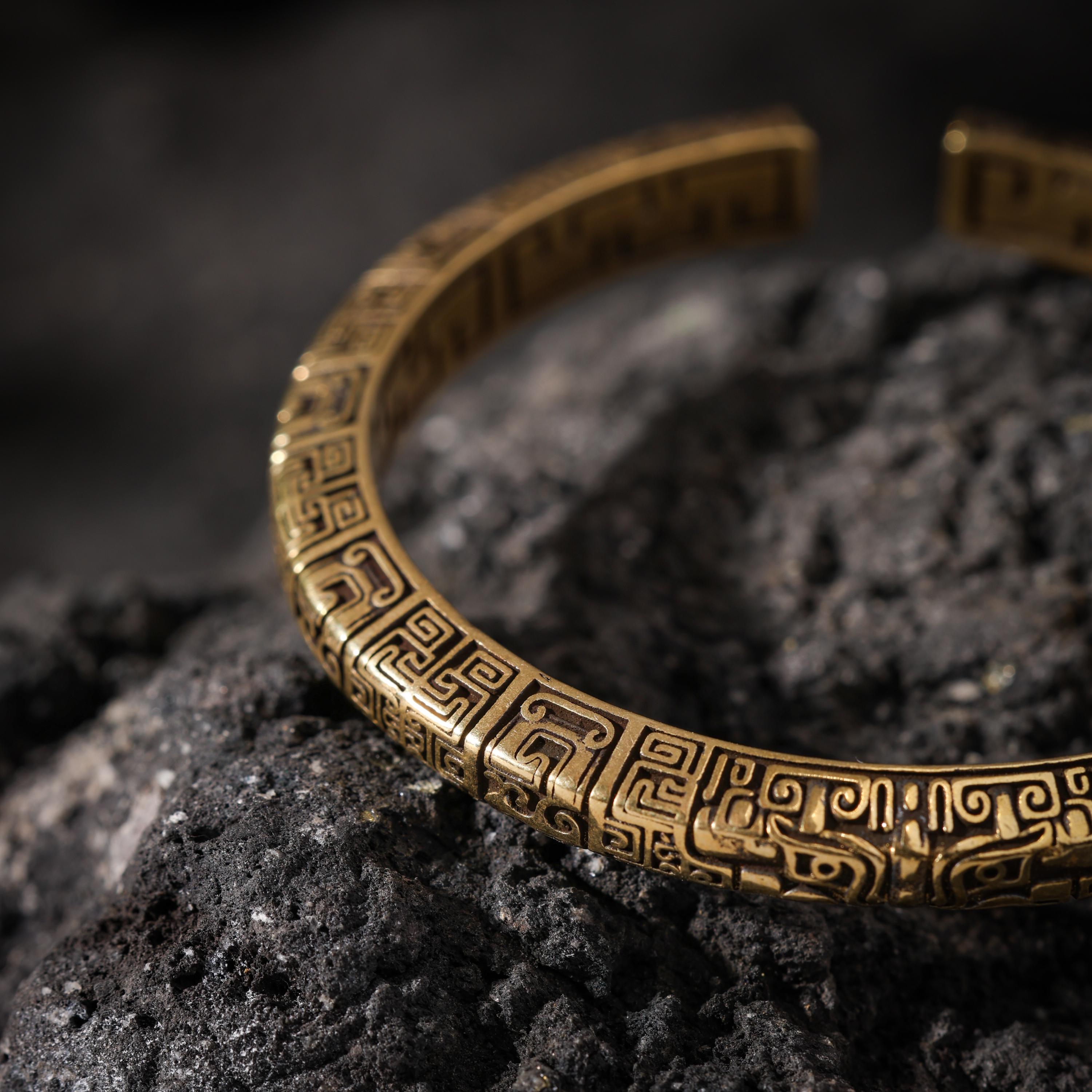 AURA DEER Taotie Engraved Antique Brass Open Cuff Bracelet