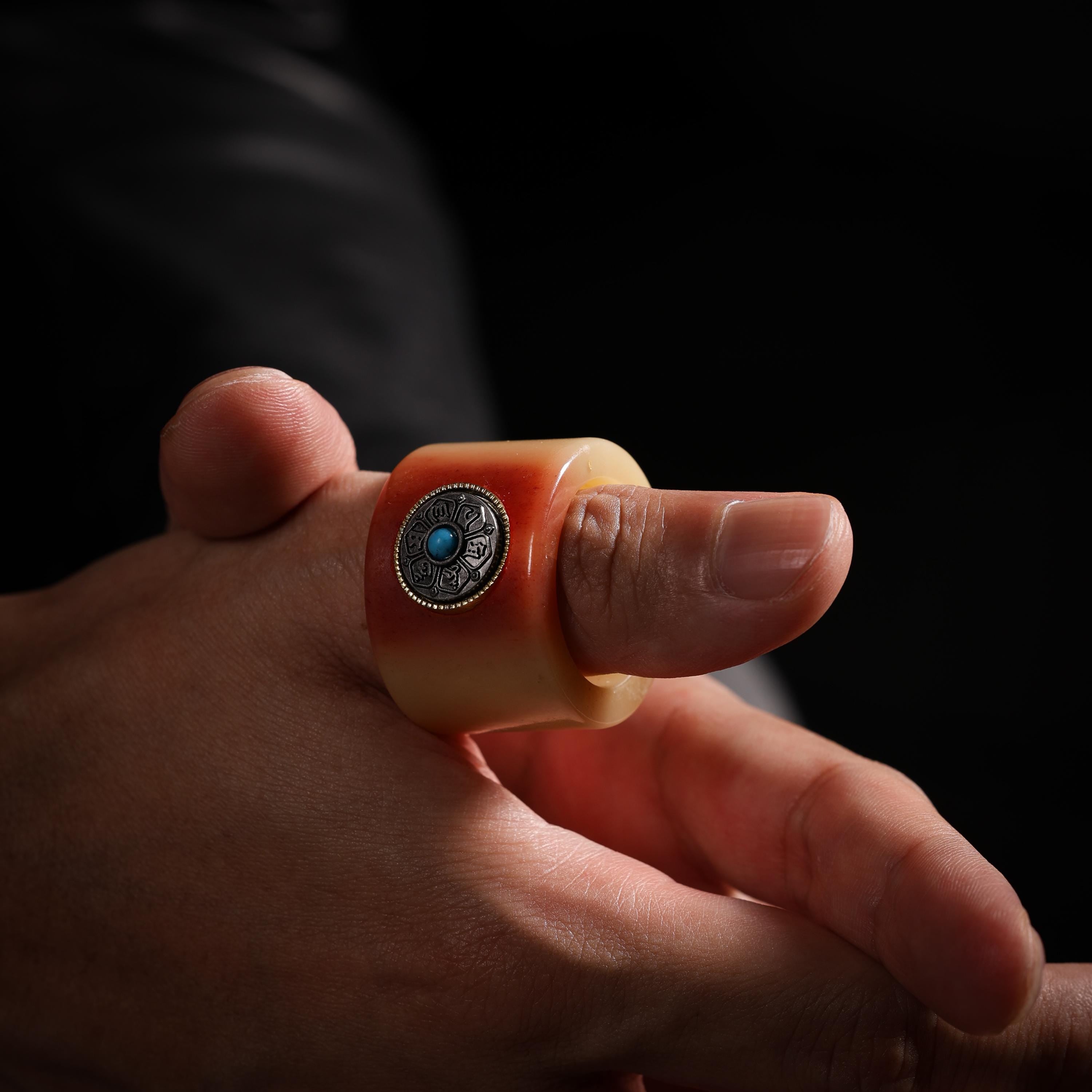 AURA DEER Red-Toned Yak Bone Turquoise Mantra Thumb Ring