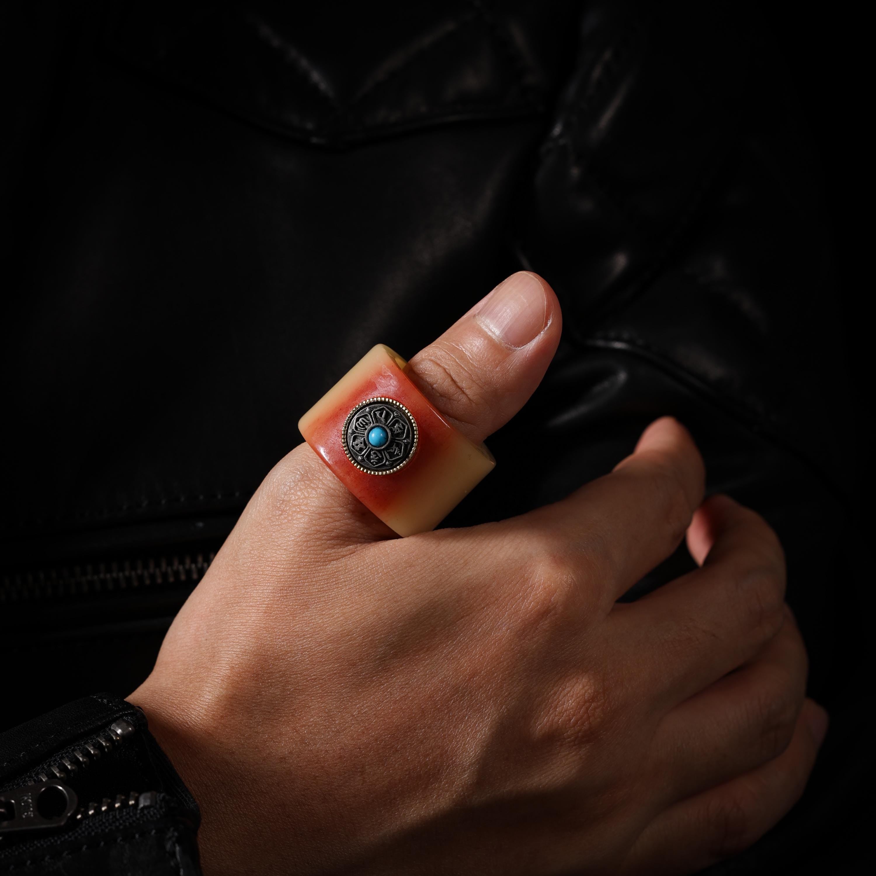 AURA DEER Red-Toned Yak Bone Turquoise Mantra Thumb Ring