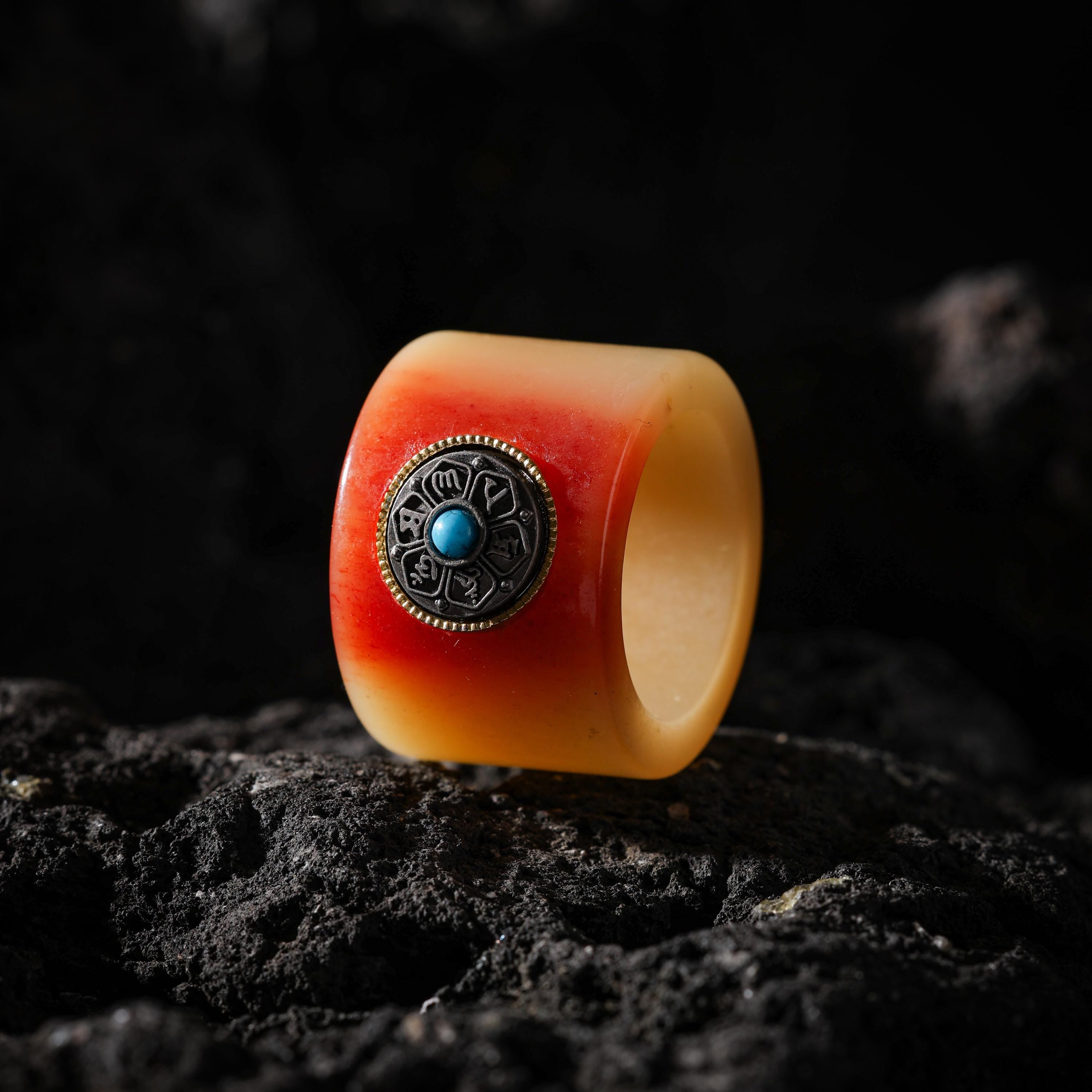 AURA DEER Red-Toned Yak Bone Turquoise Mantra Thumb Ring